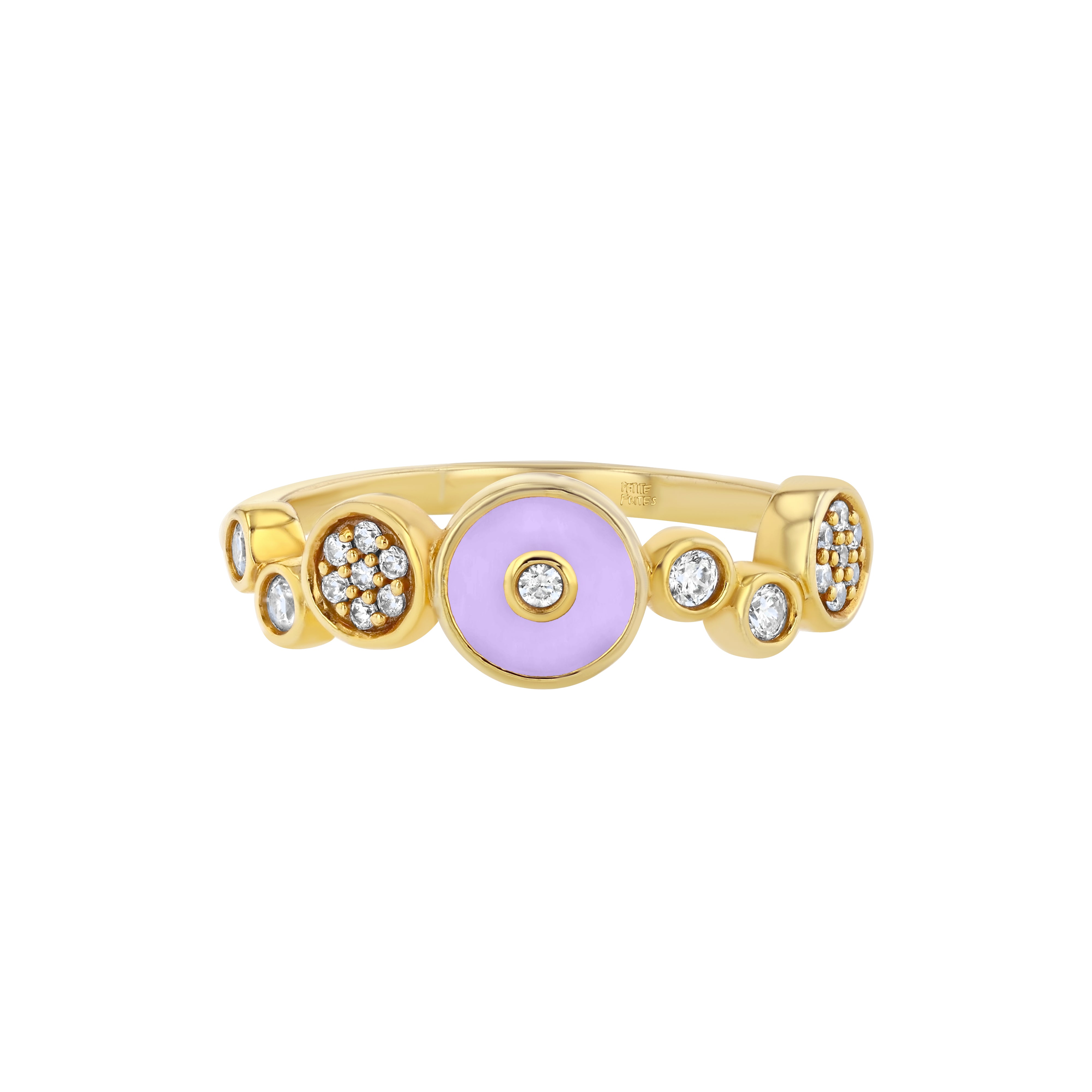 Petite Frites Champagne ring in yellow gold with lavender enamel and diamond accents