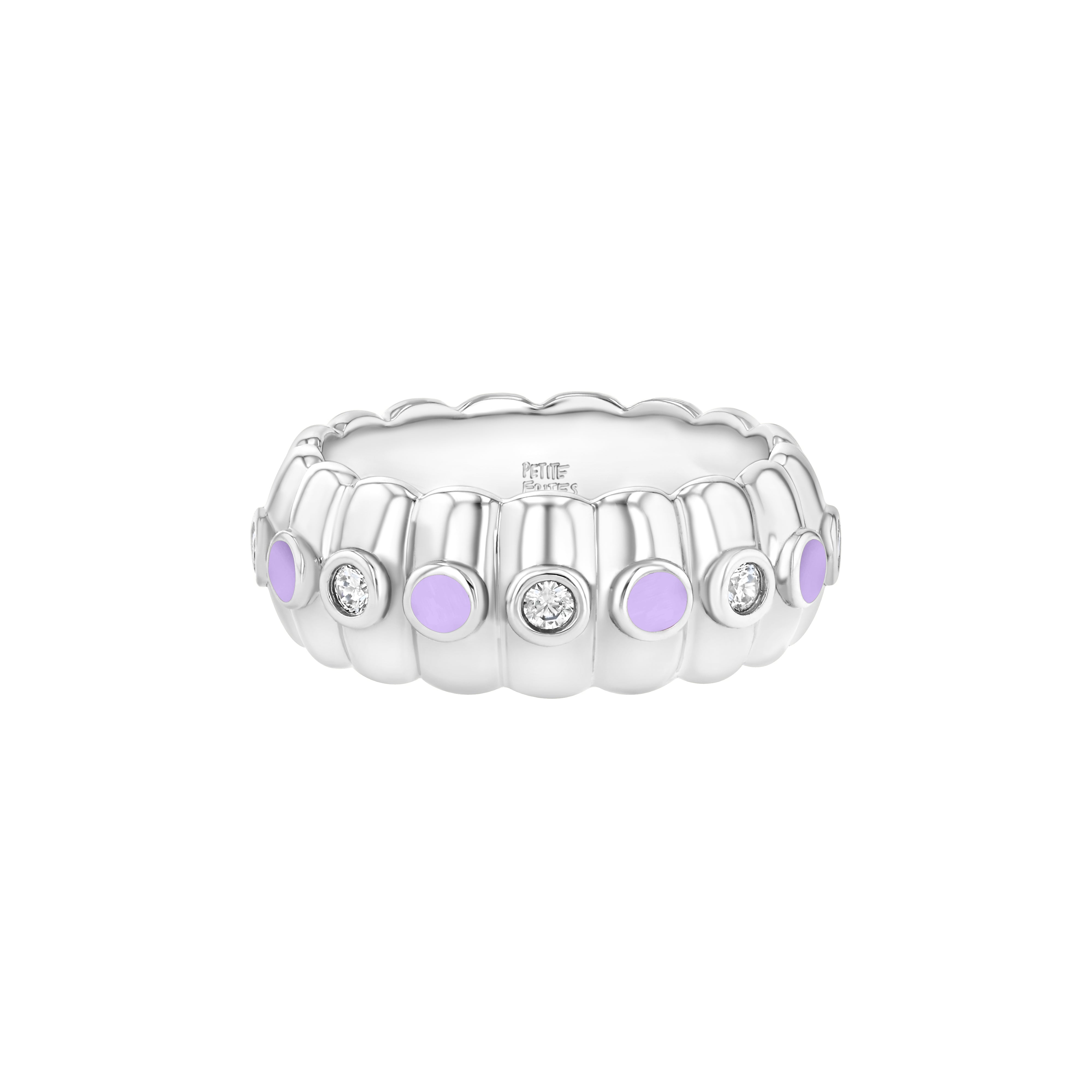 Petite Frites Cigar Band ring in white gold with lavender enamel and diamond accents
