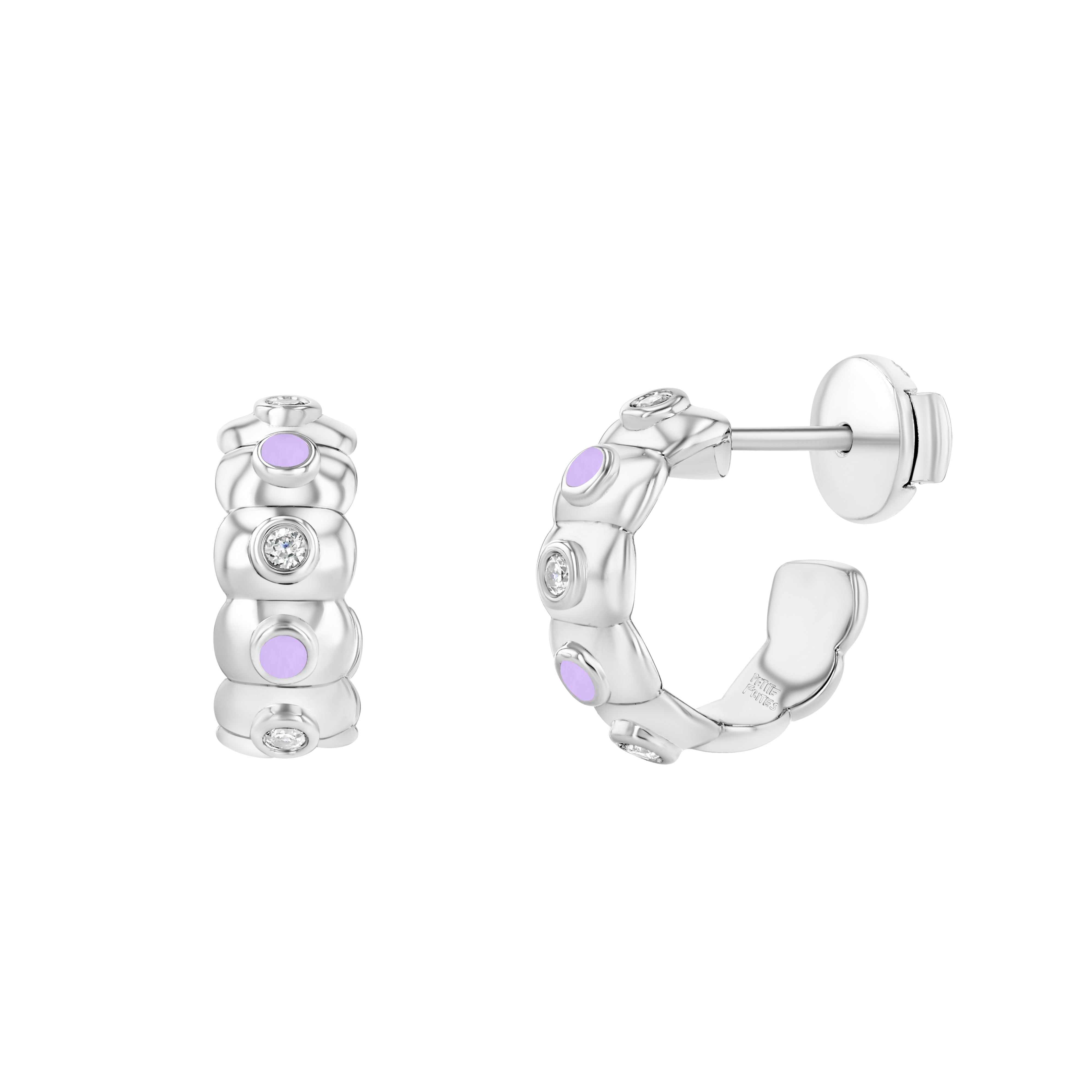Petite Frites Dinner Mint Huggie earrings in white gold with lavender enamel and diamond accents