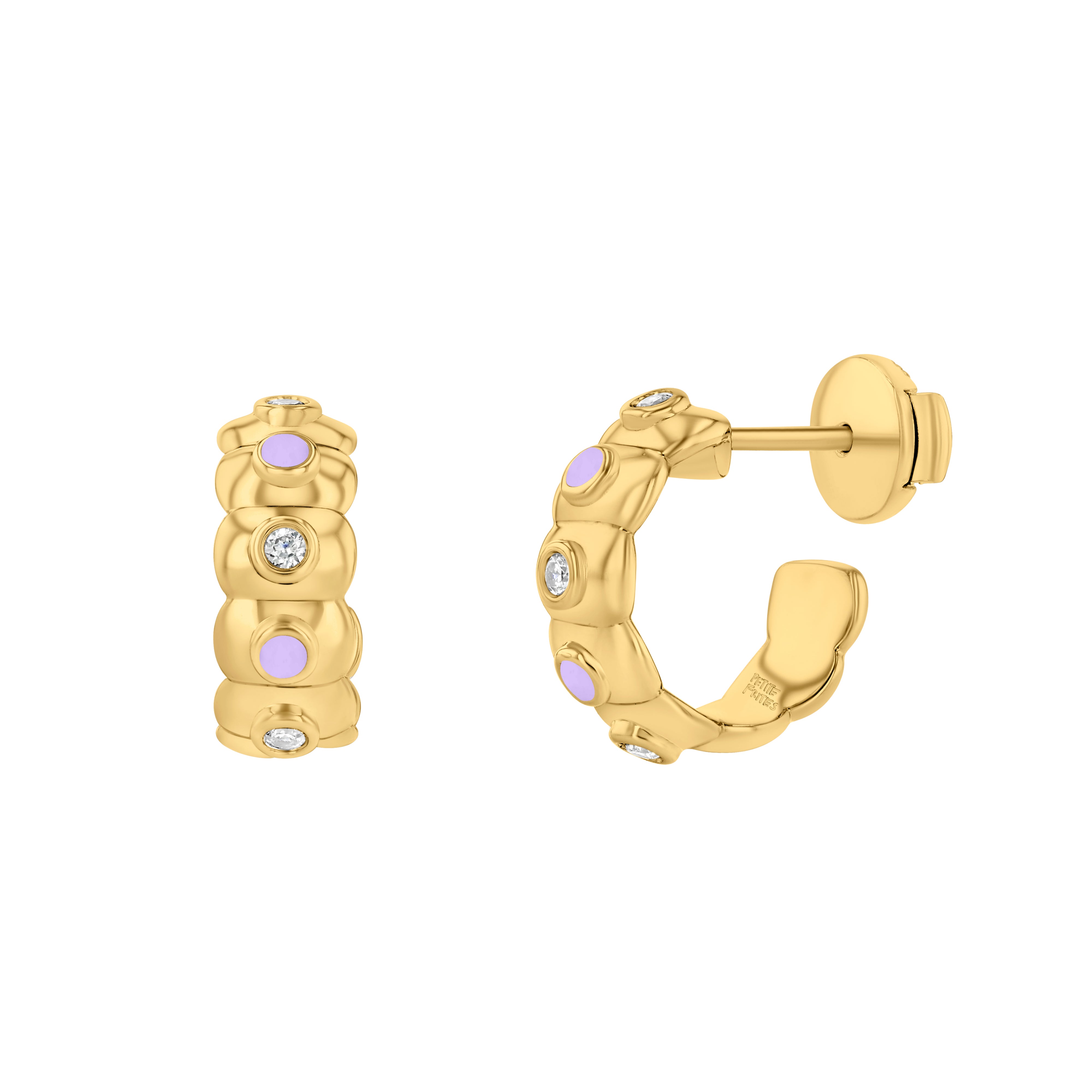 Petite Frites Dinner Mint Huggie earrings in yellow gold with lavender enamel and diamond accents