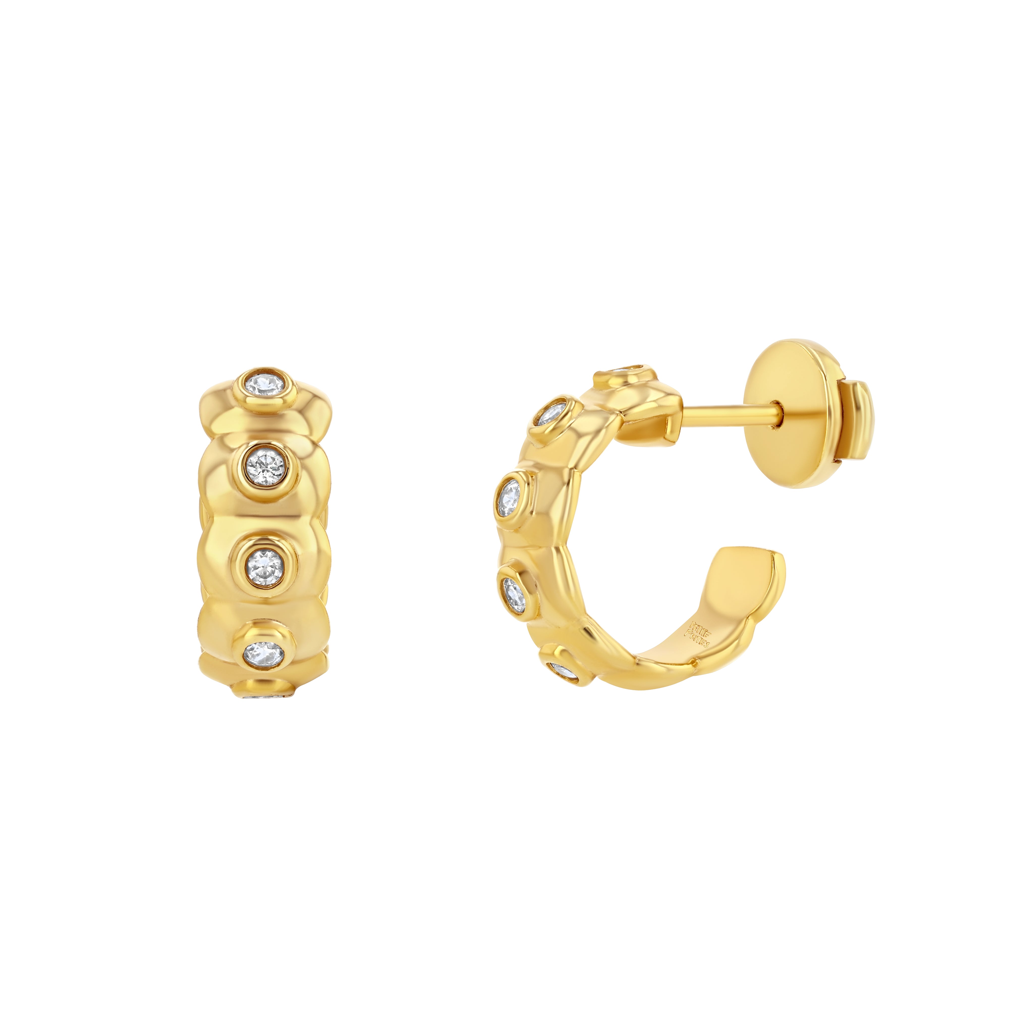 A pair of round diamond-studded earrings in yellow gold.