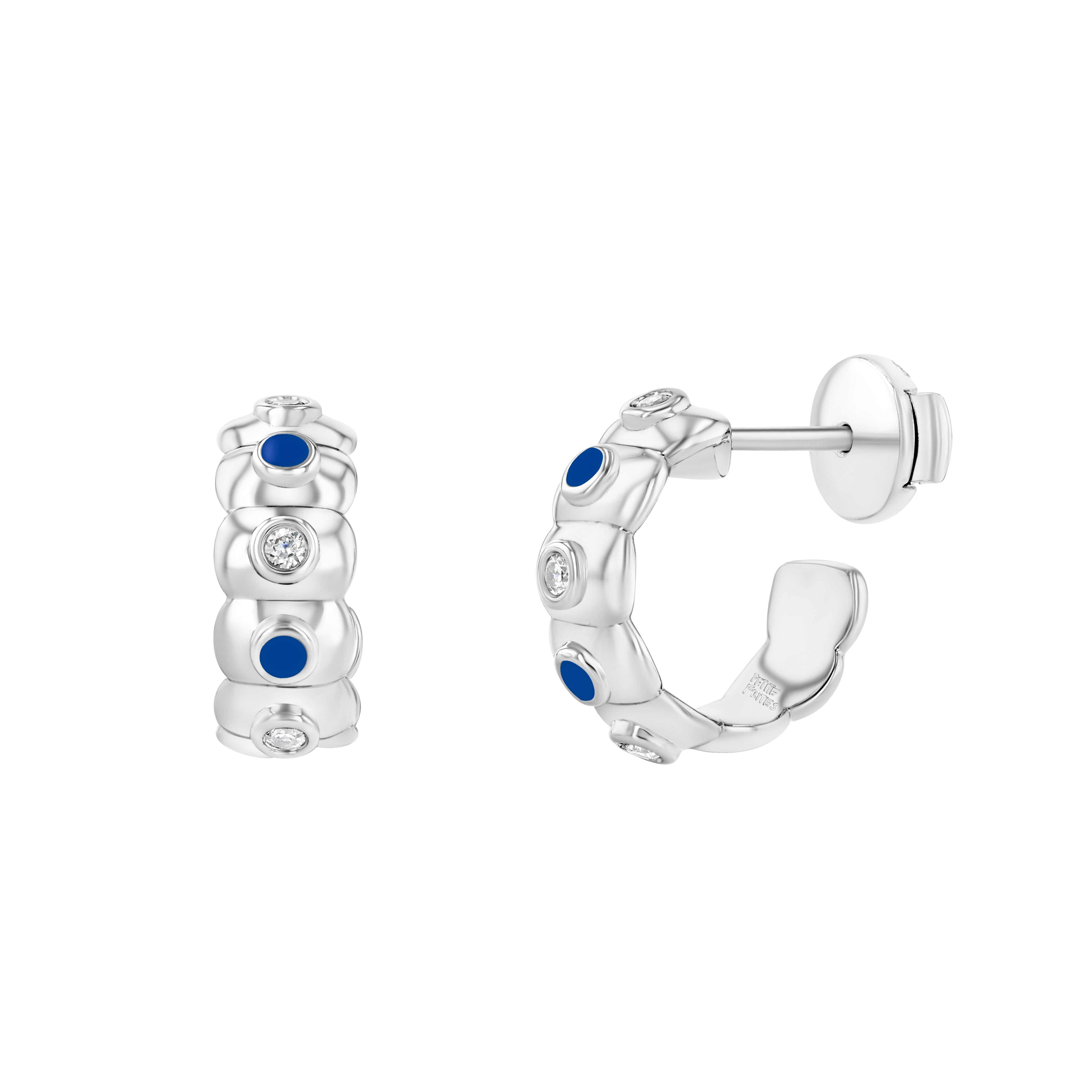 A pair of gold hoop earrings with azure blue enamel and diamond accents
