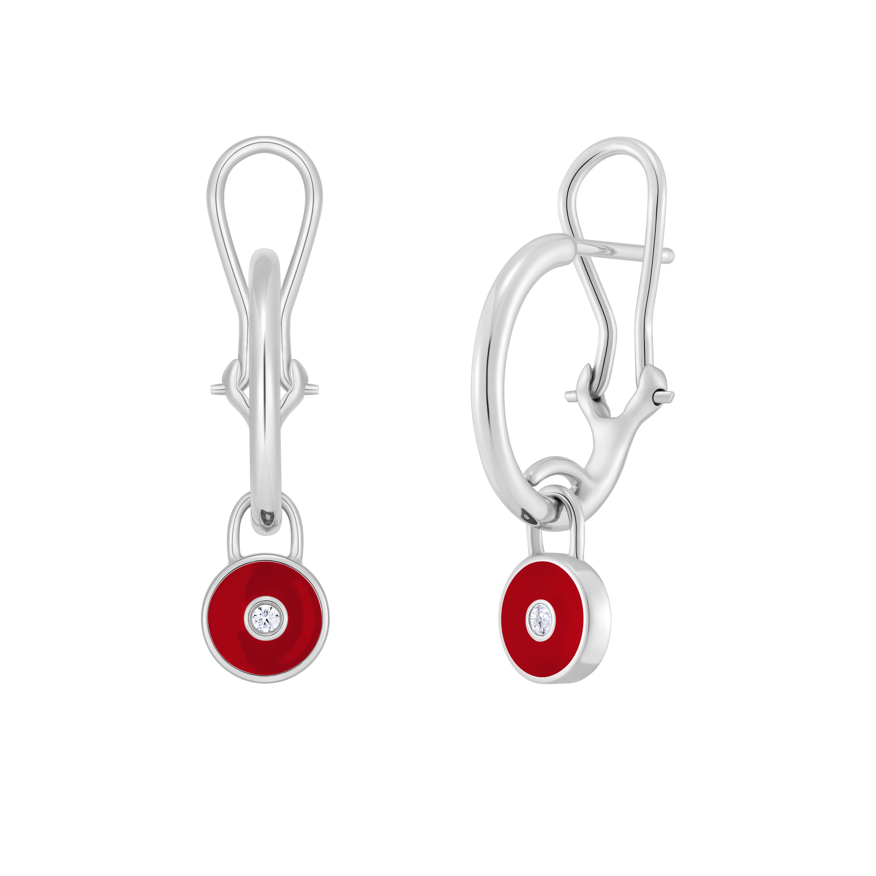 White Gold earrings with red circular stones on a white background
