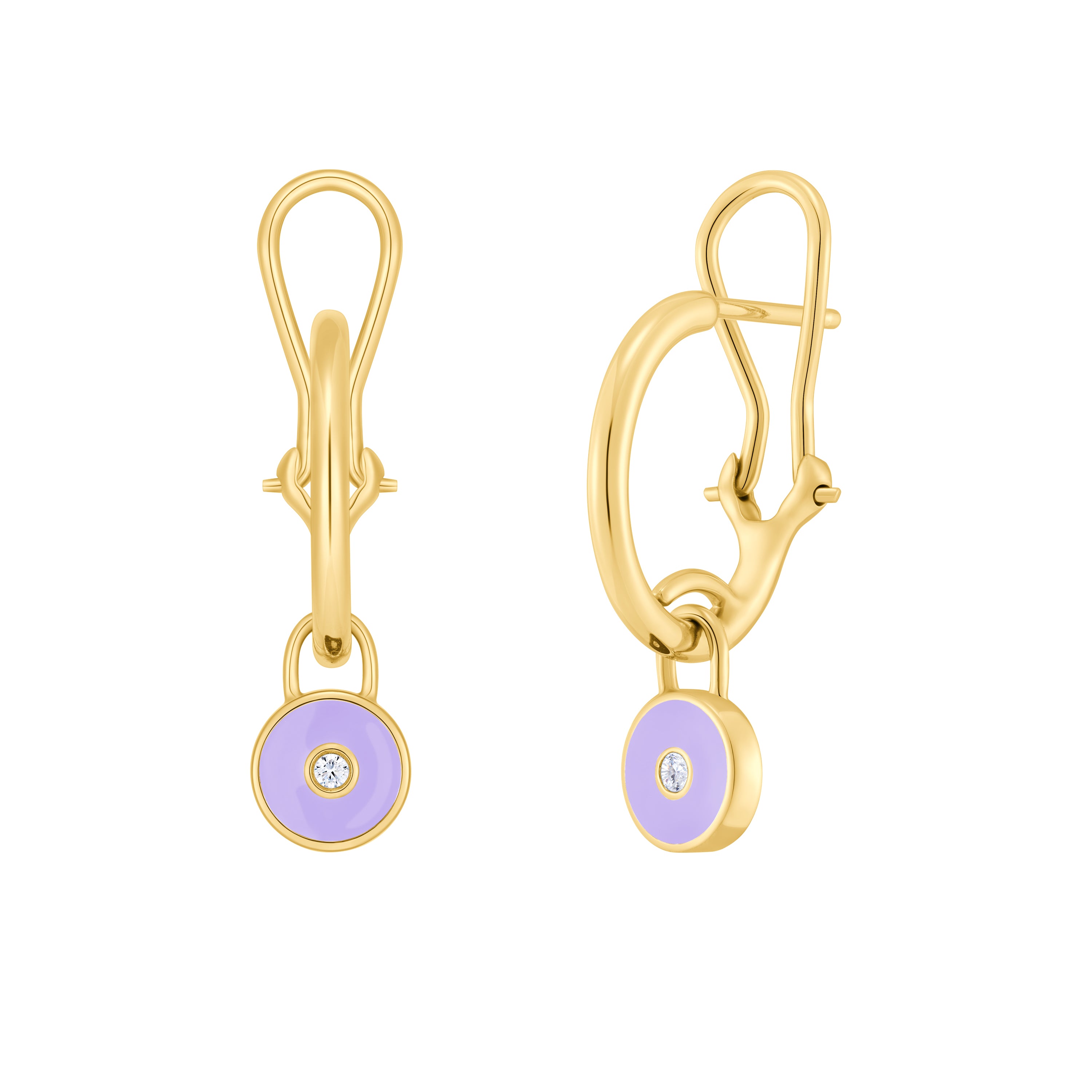 Gold earrings with purple round stones on a white background
