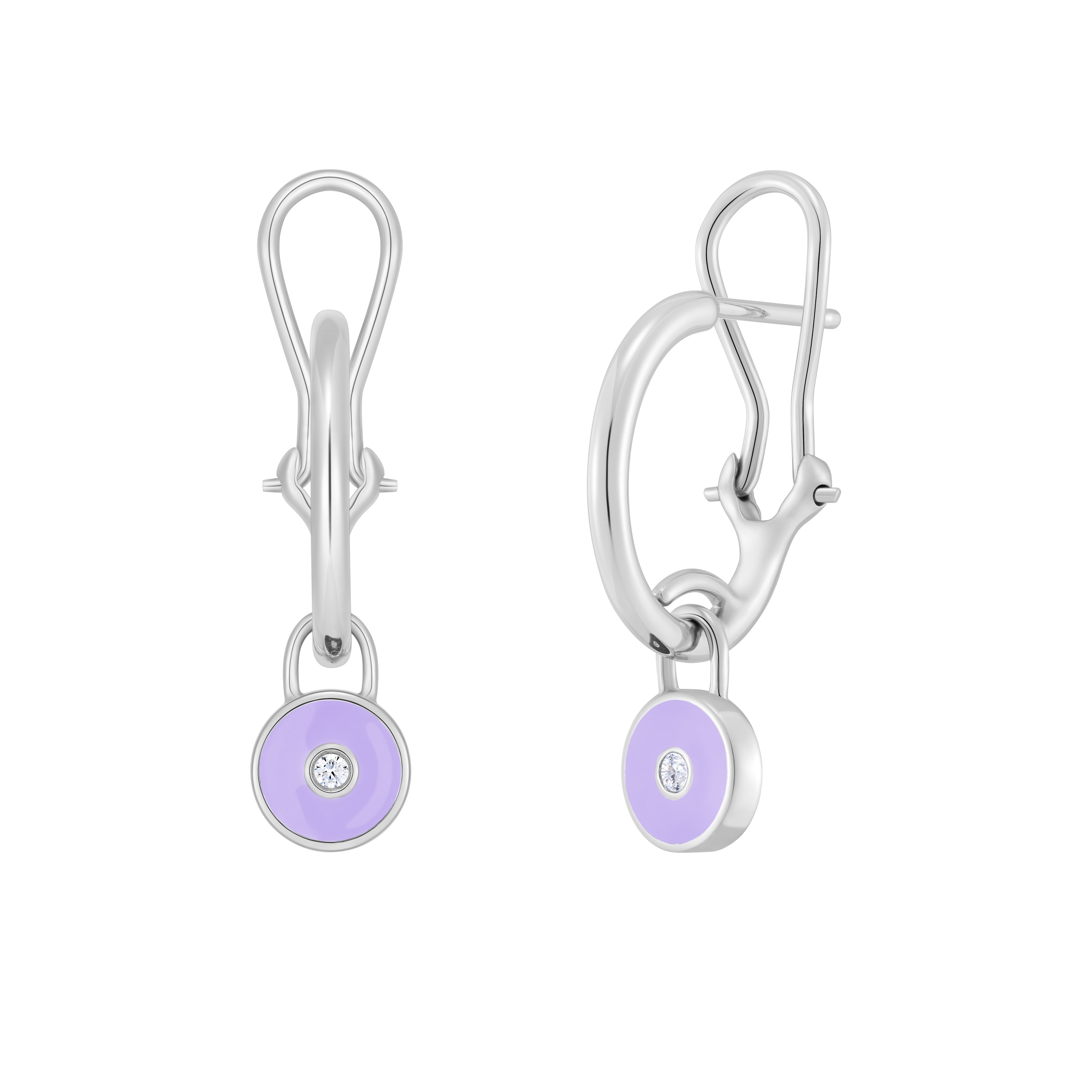 White Gold earrings with purple round stones on a white background