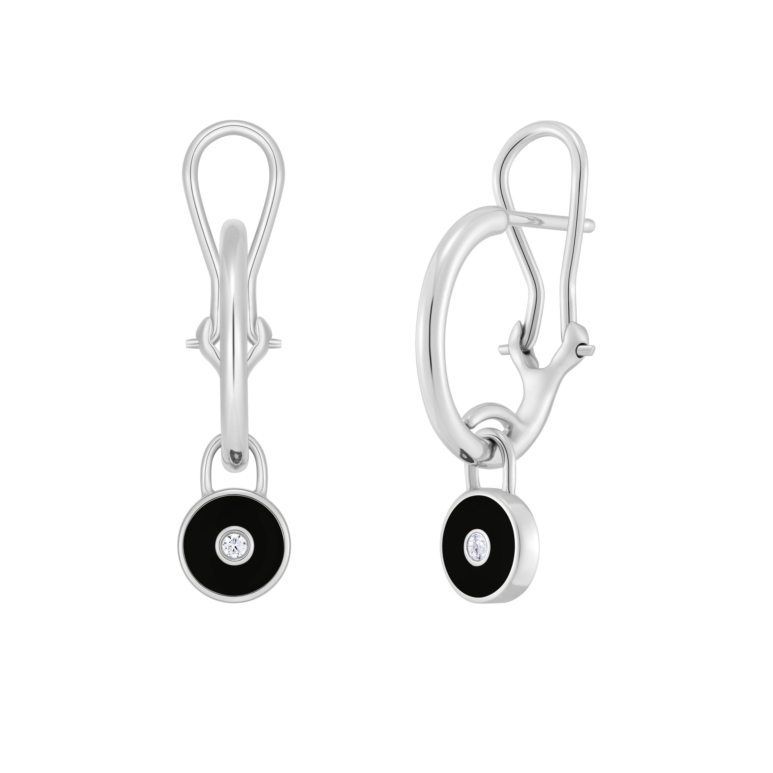 White Gold earrings with black stones on a white background