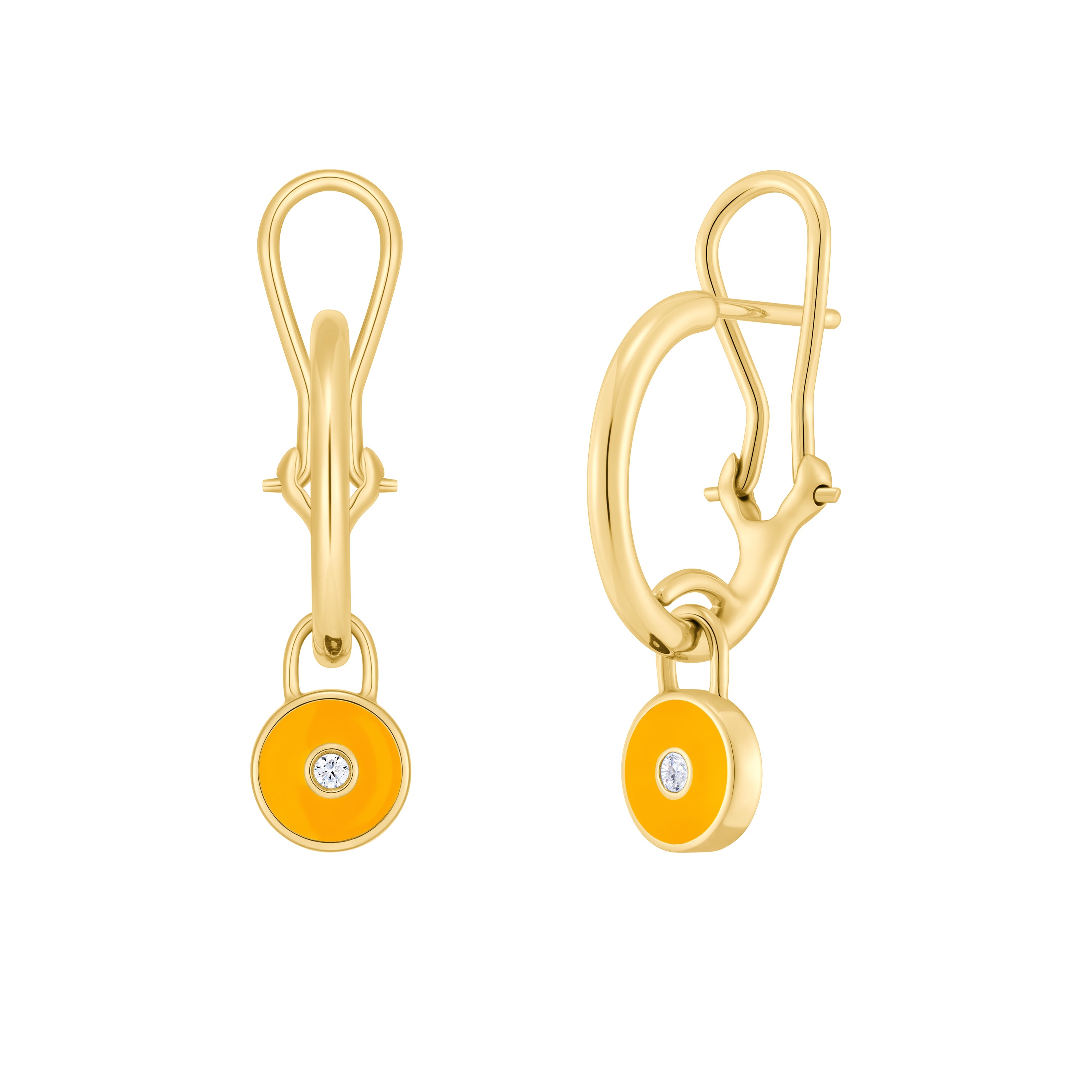 Gold earrings with orange circular stones on a white background