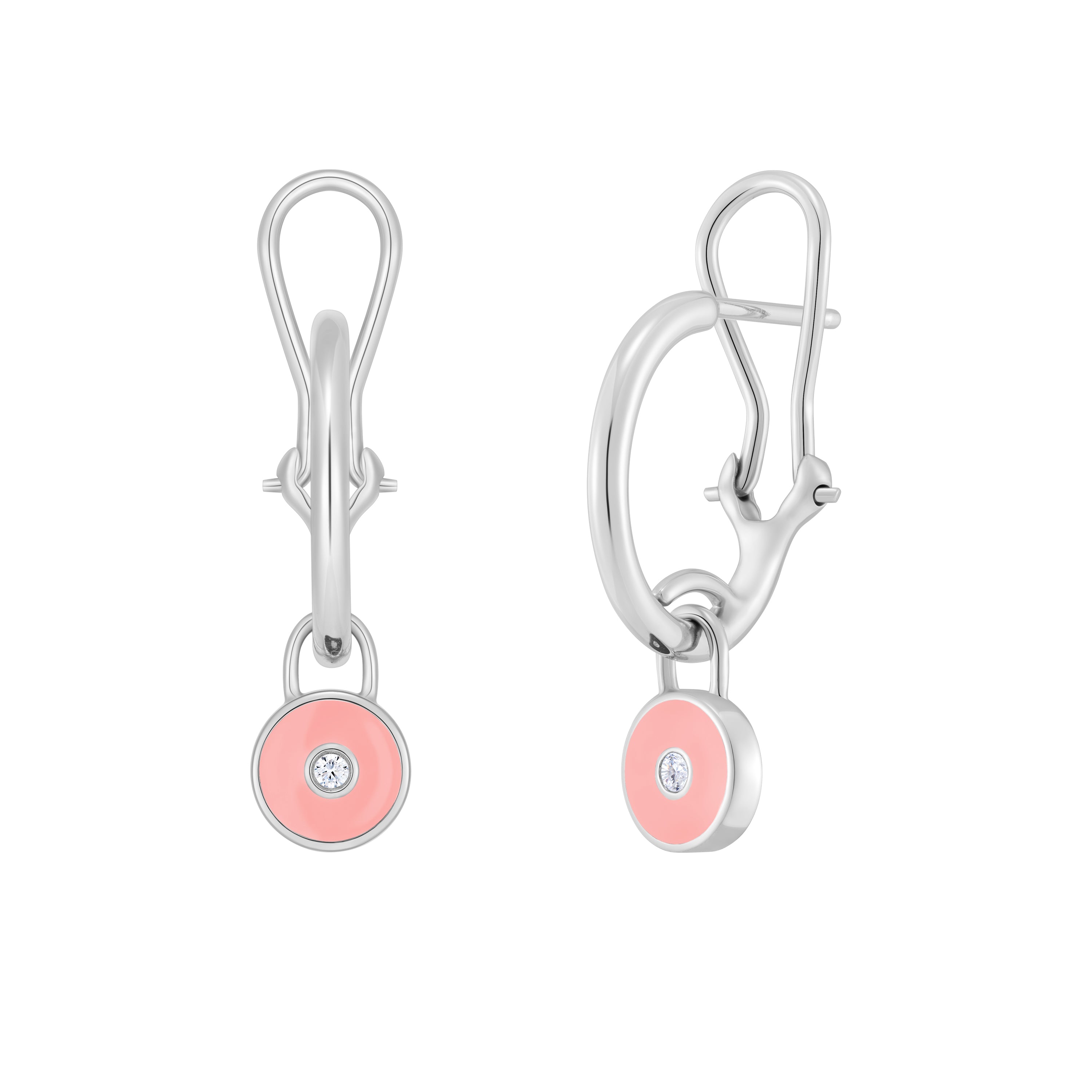 White Gold earrings with pink circular stones on a white background