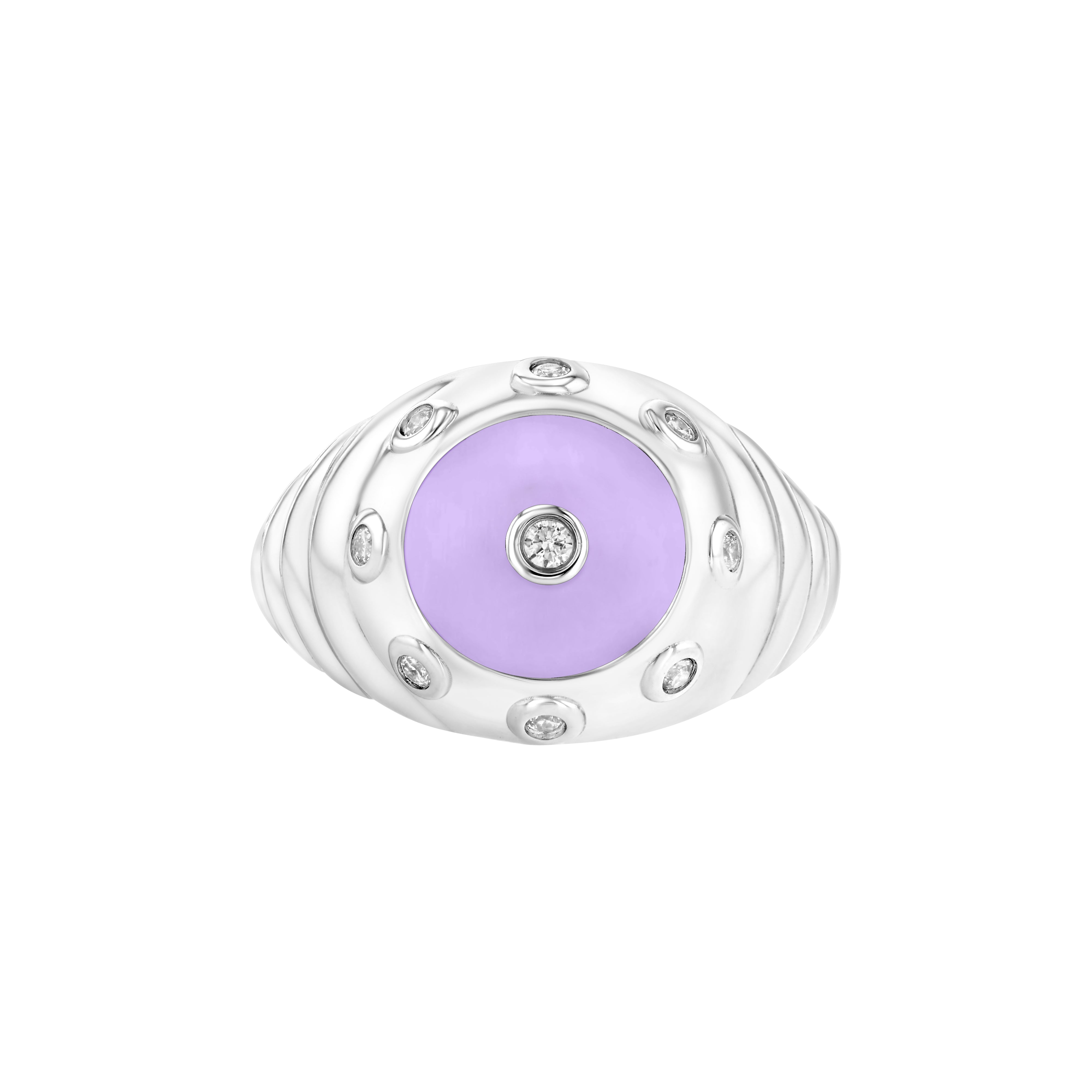 Petite Frites Oyster ring in white gold with lavender enamel and diamond accents
