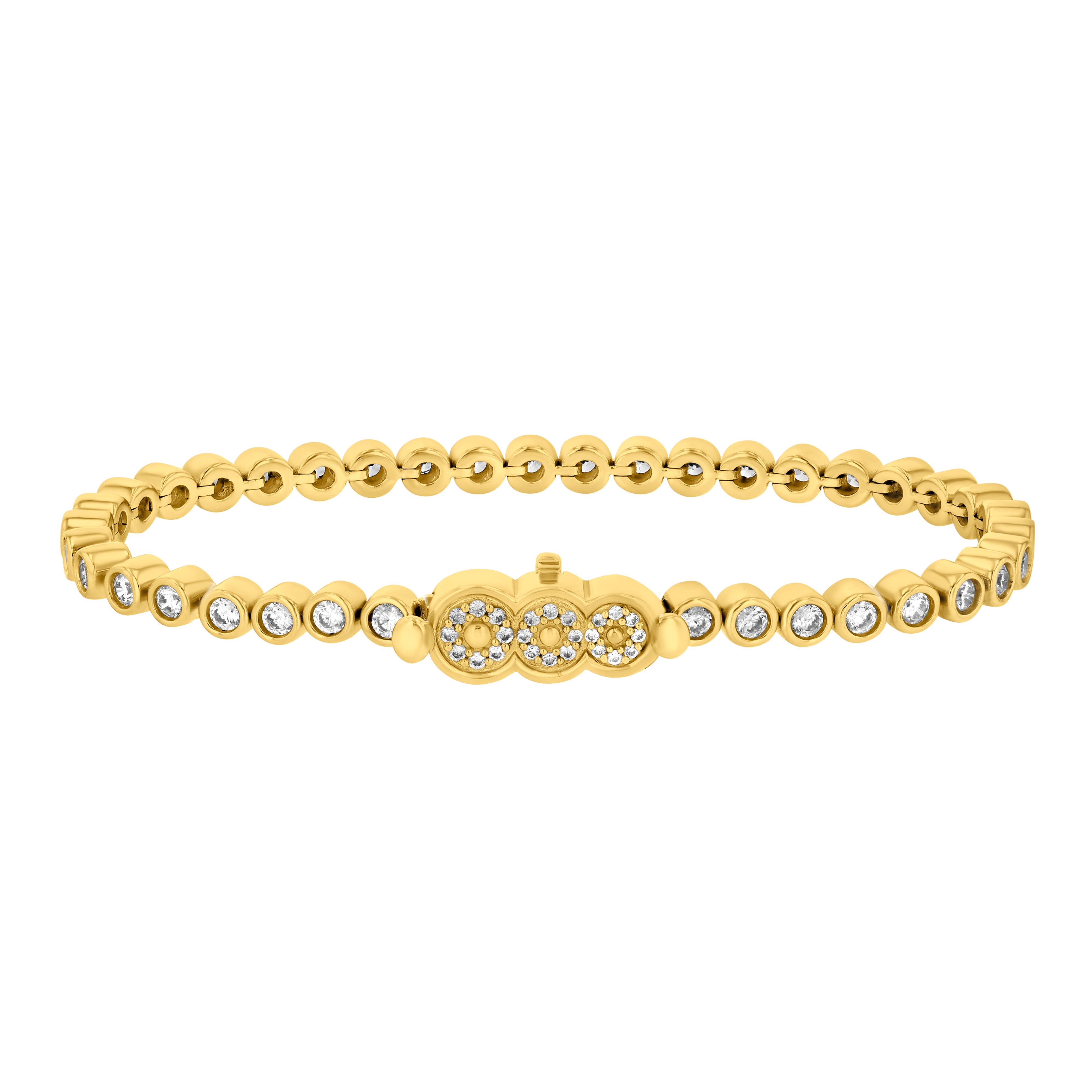 The side view of the Petite Frites perfect pairing round bezel set tennis bracelet and lab grown diamond clasp in yellow gold