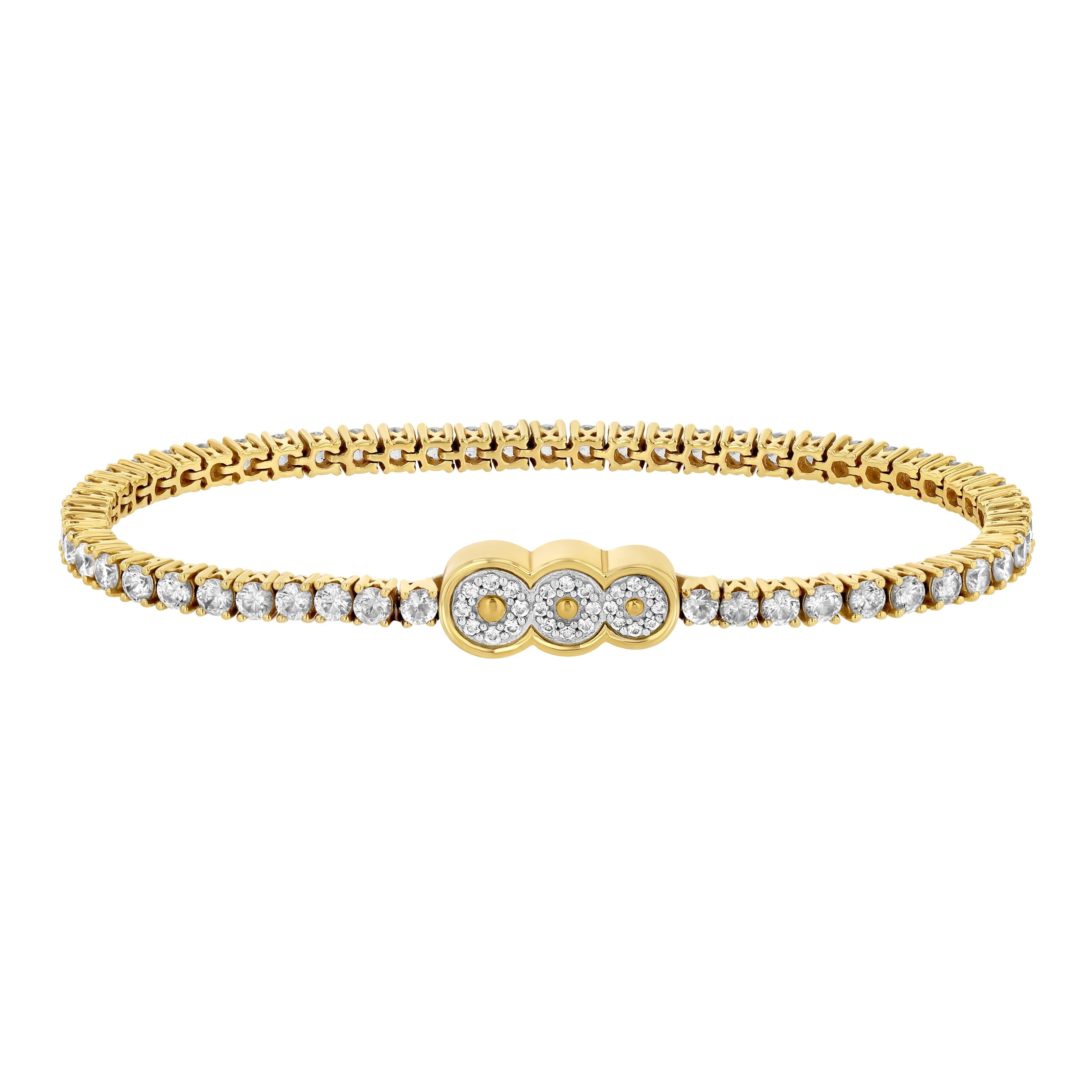 The Petite Frites perfect pairing showing the 18K yellow gold round prong set tennis bracelet with the diamond clasp.