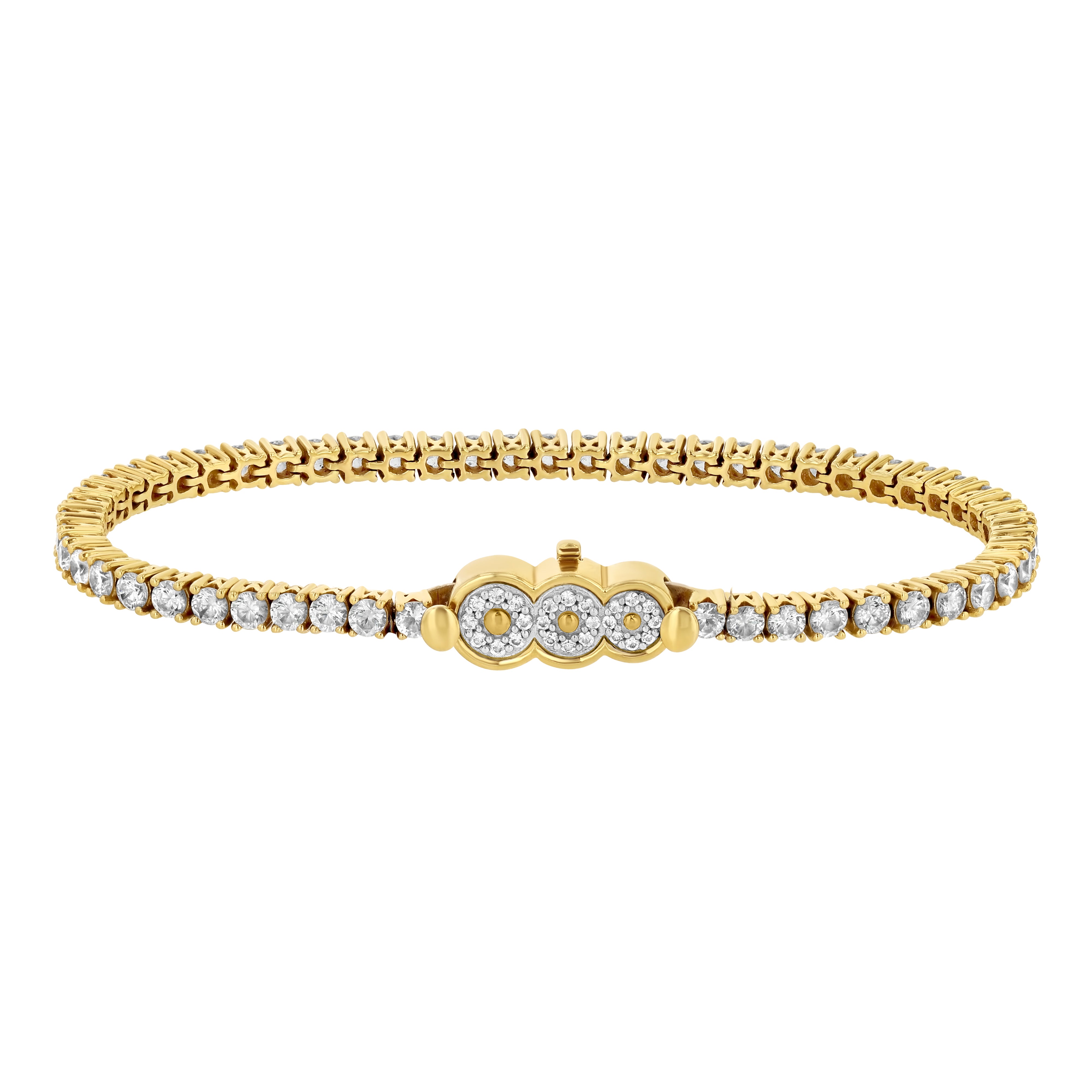 The Petite Frites perfect pairing showing the 18K yellow gold round prong set tennis bracelet with the diamond clasp.