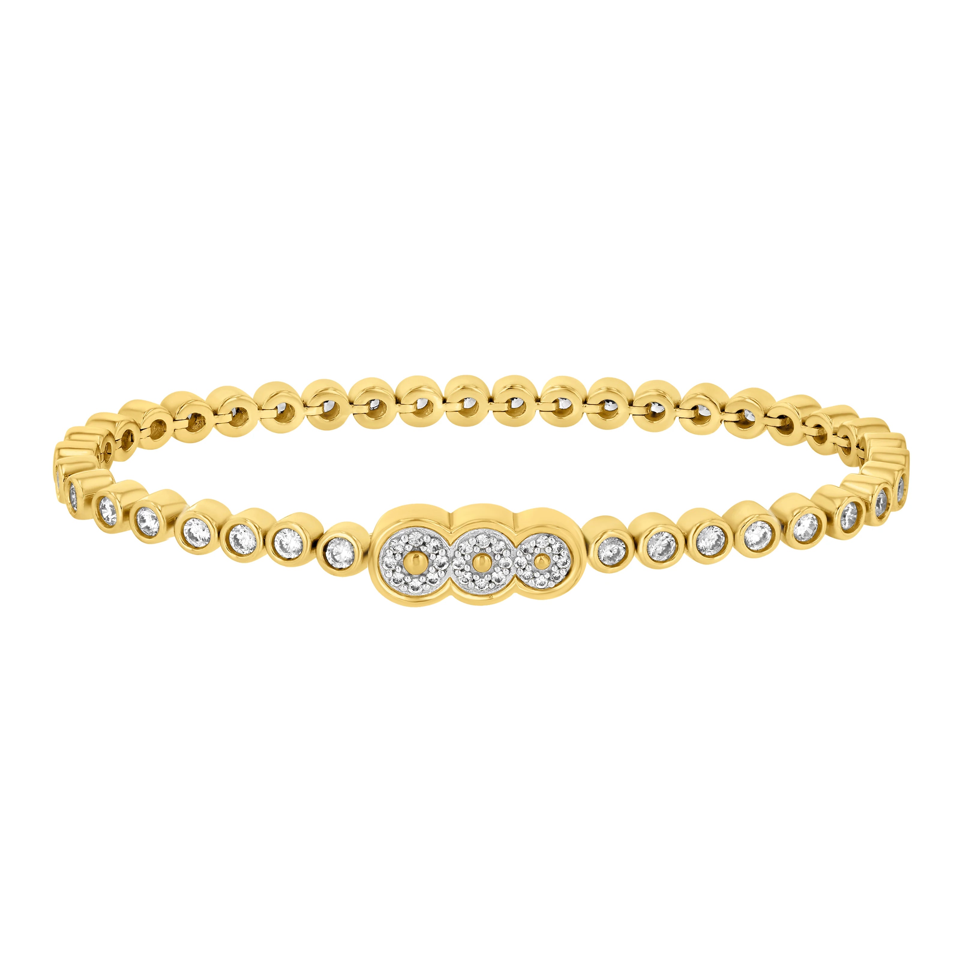 The front view of the Petite Frites perfect pairing round bezel set tennis bracelet and lab grown diamond clasp in yellow gold