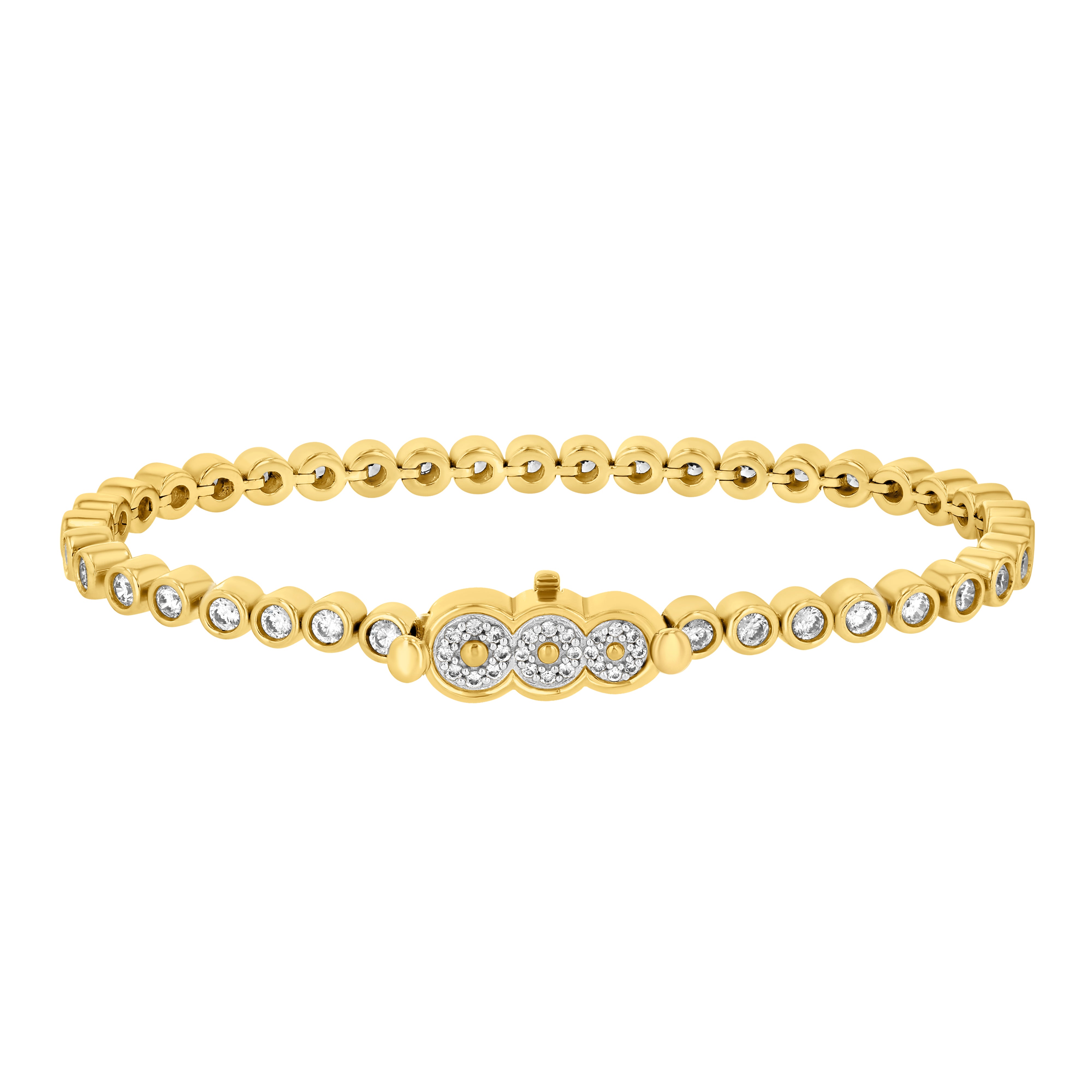 The side view of the Petite Frites perfect pairing round bezel set tennis bracelet and lab grown diamond clasp in yellow gold