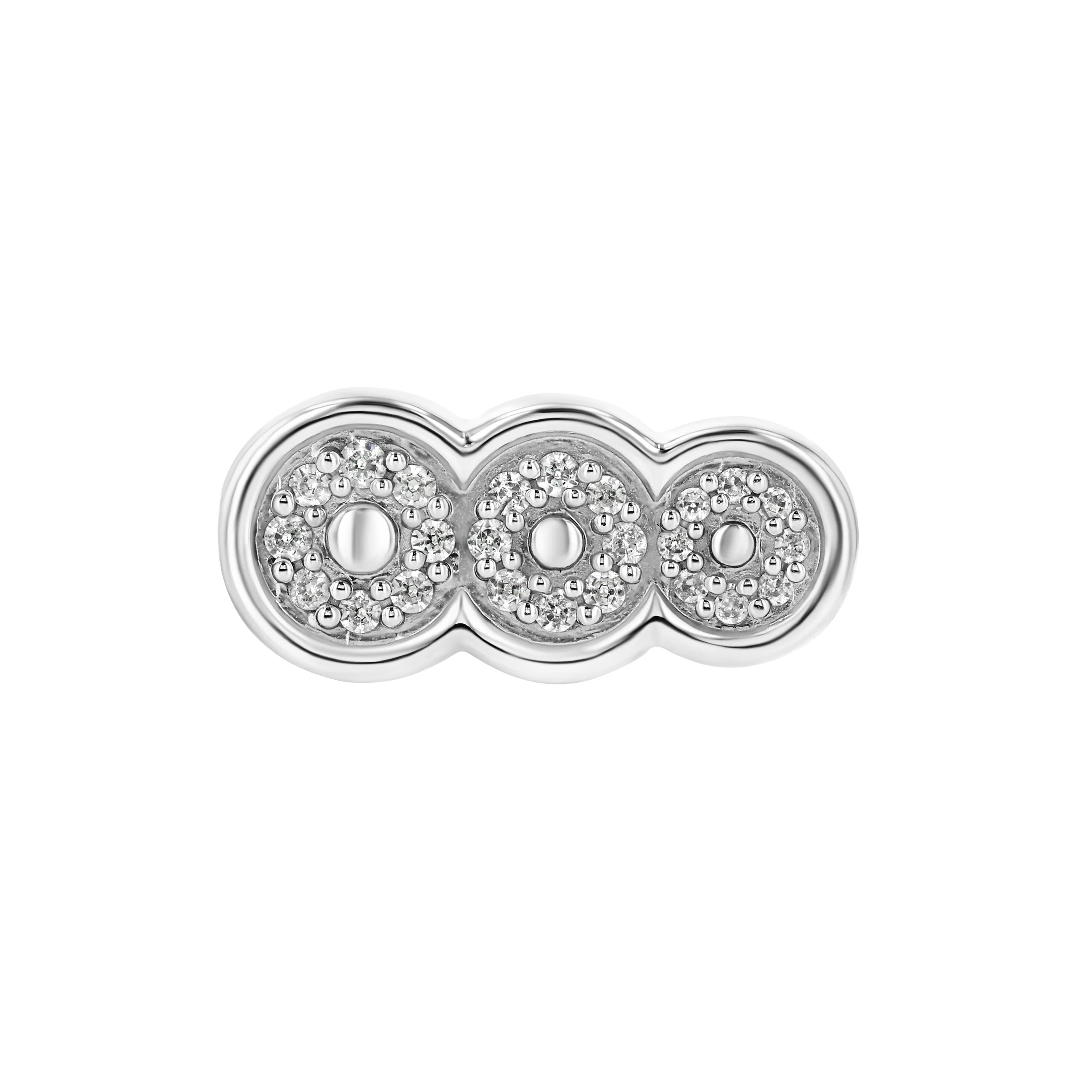 A white gold clasp with diamond accents designed to resemble a caviar clasp, with three circular elements each encasing smaller circles of pearls against a white background.