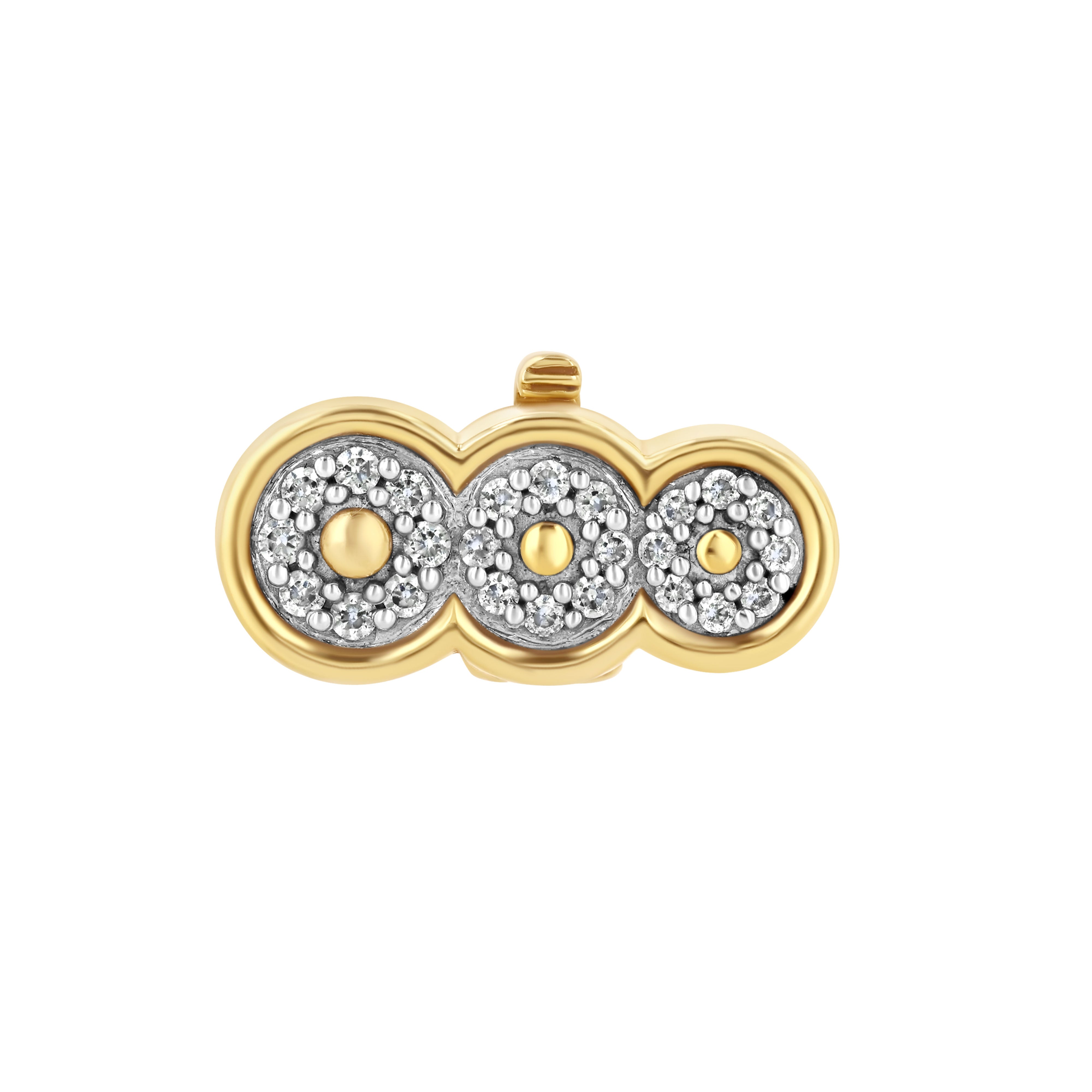 A yellow gold clasp with diamond accents designed to resemble a caviar clasp, with three circular elements each encasing smaller circles of pearls against a white background.