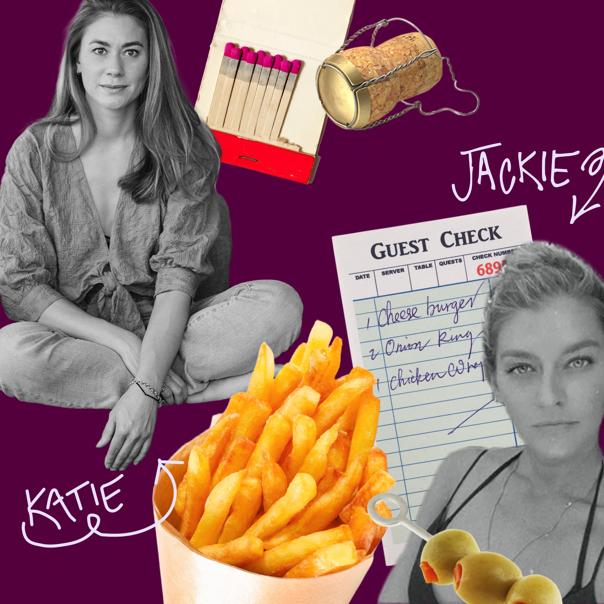 This image shows the Petite Frites Founders, Katie Fritts and Jackie Little. It is a collage on a purple background with pictures of Katie and Jackie, surrounded by french fries, olives, matches, a guest check and a champagne cork top.