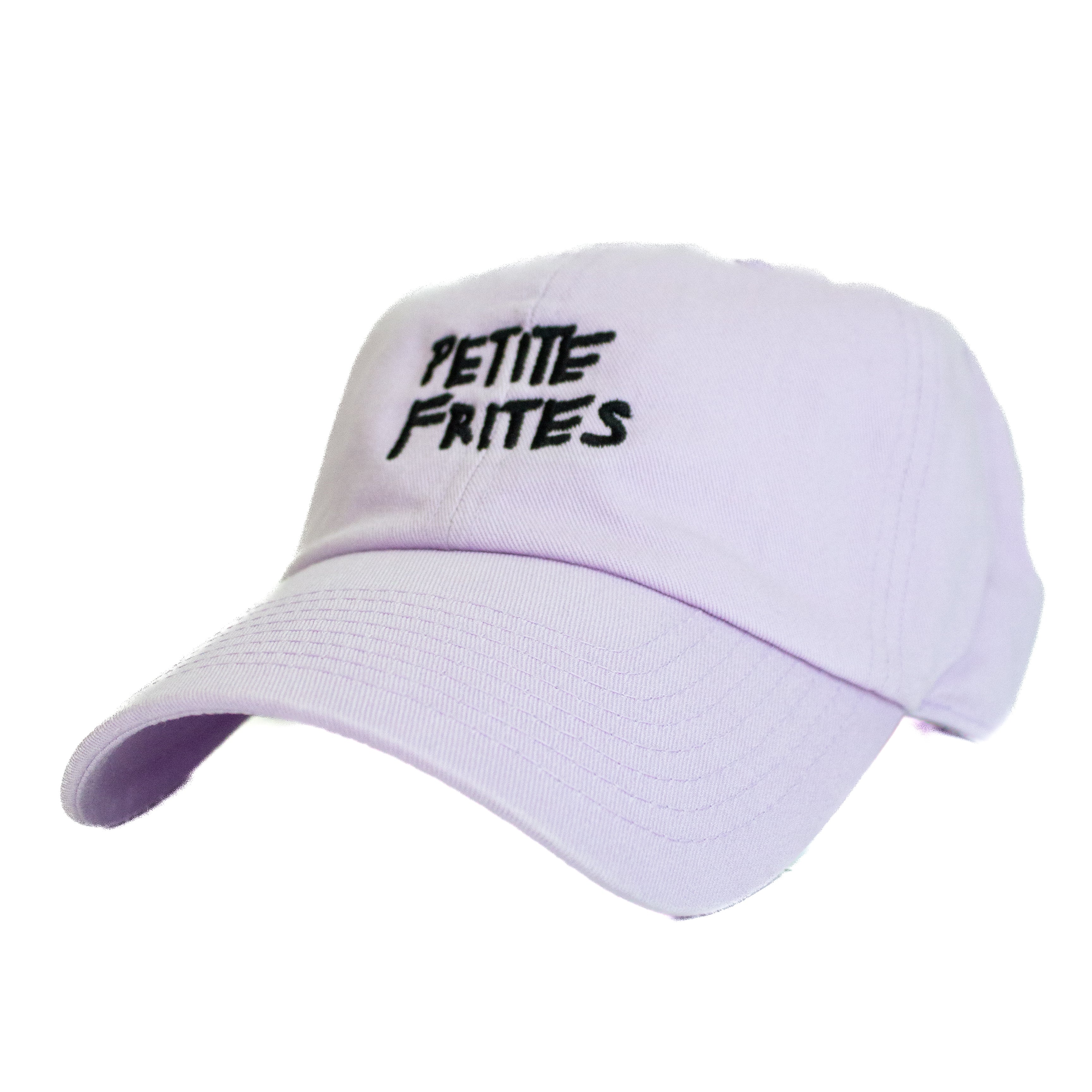 A lavender baseball cap with the Petite Frites logo embroidered in black.