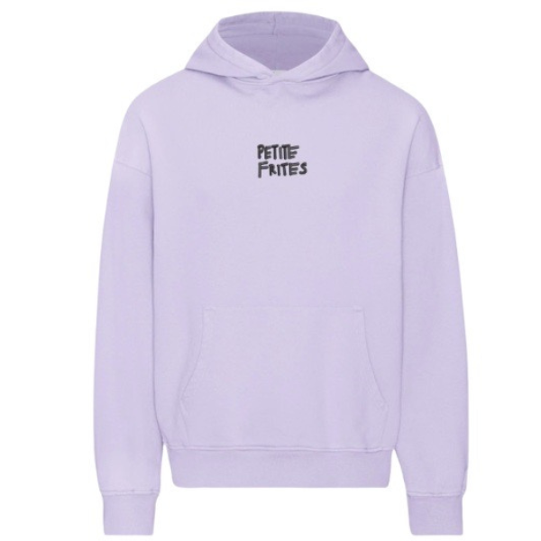 A lavender oversized hoodie with the Petite Frites logo embroidered in black on the front in the center of the chest