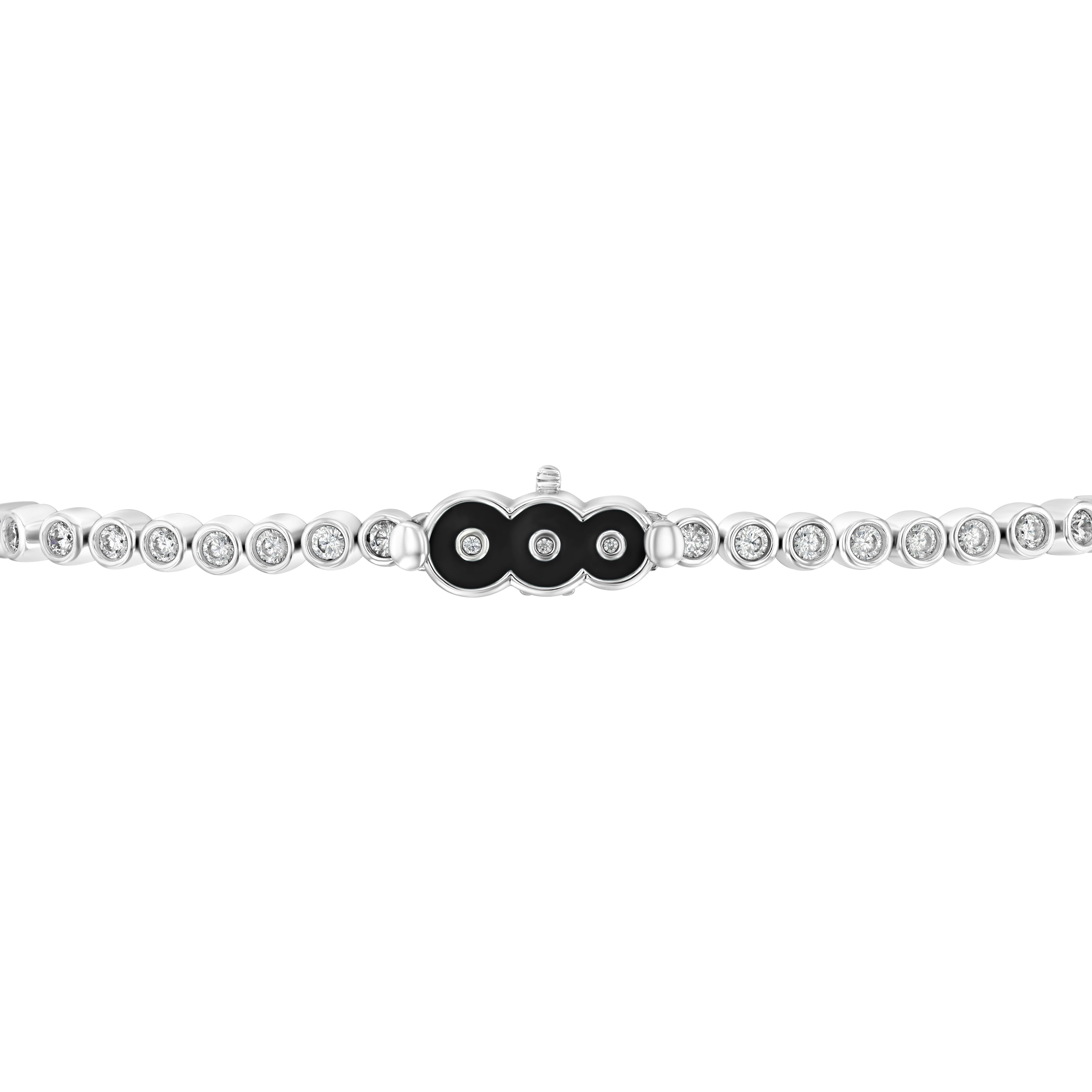 A top down view of the Petite Frites Perfect Pairing bracelet featuring a Bezel Set Tennis Bracelet with Black Enamel Clasp in white gold.