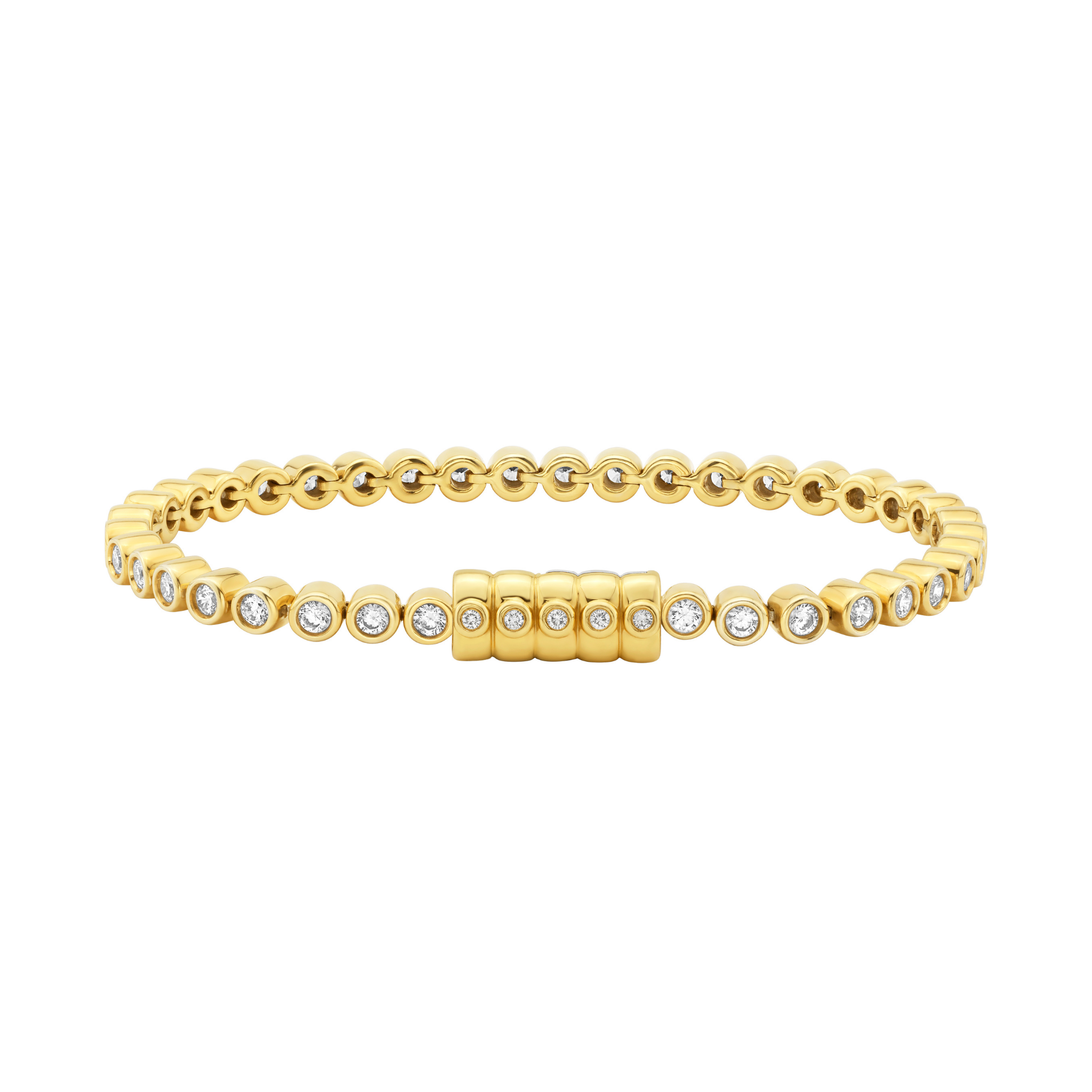 Petite Frites Bezel Set tennis bracelet with Diner Mint clasp with diamonds in yellow gold