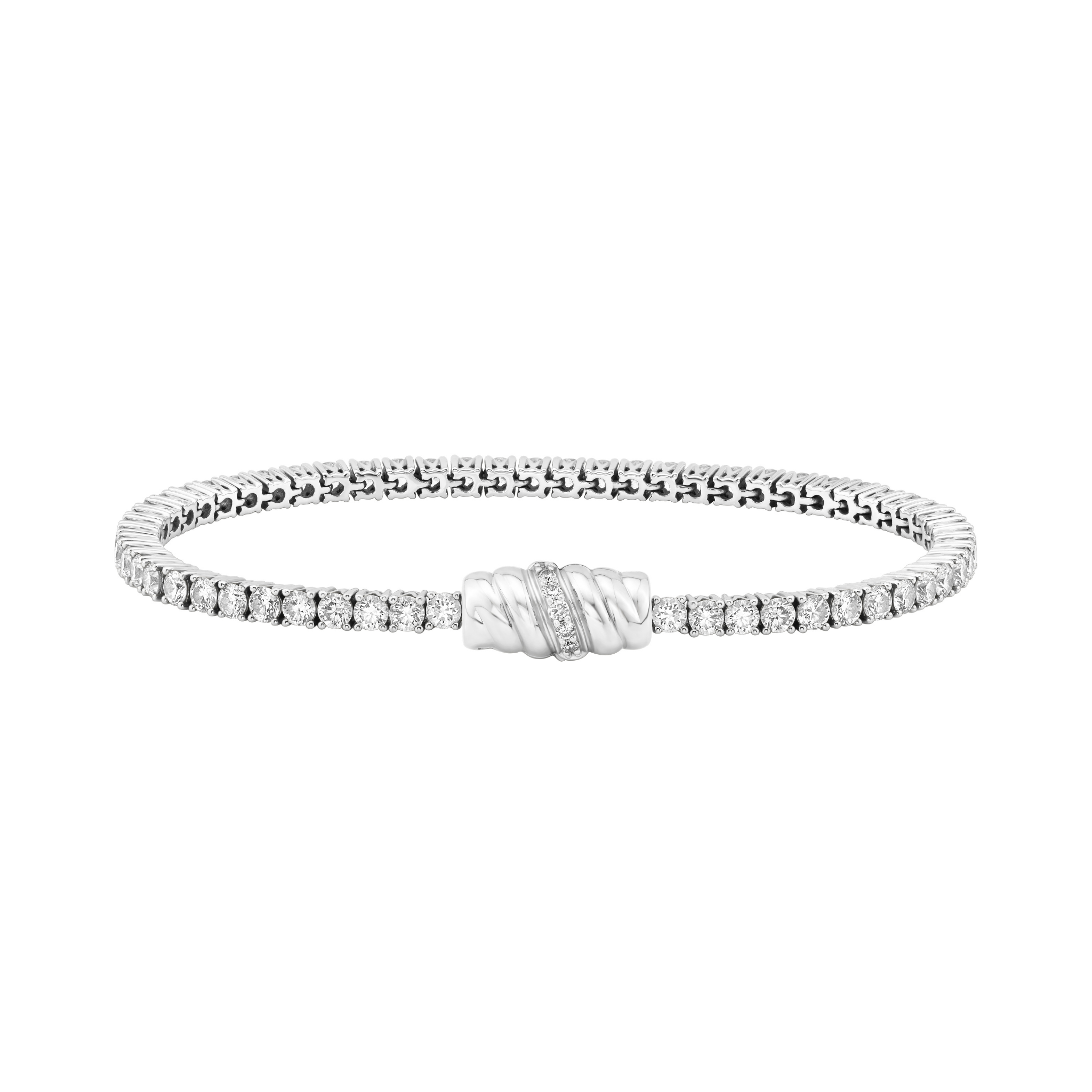 Petite Frites round prong set tennis bracelet with the With a Twist clasp with diamonds in white gold