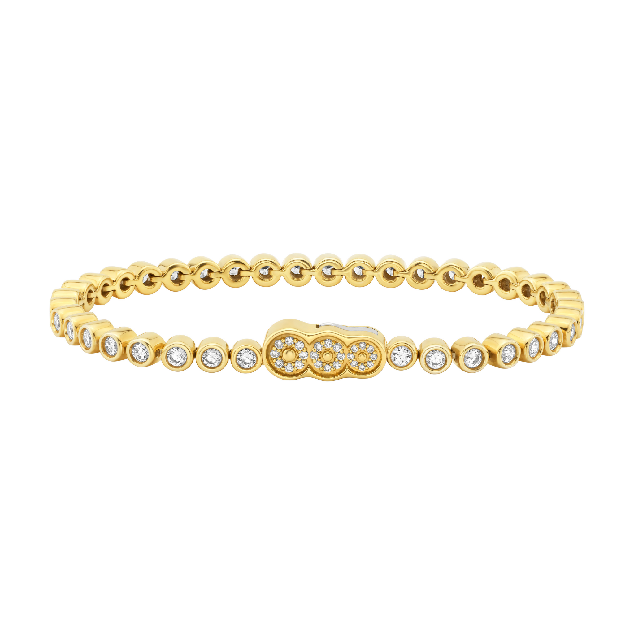 The front view of the Petite Frites perfect pairing round bezel set tennis bracelet and lab grown diamond clasp in yellow gold