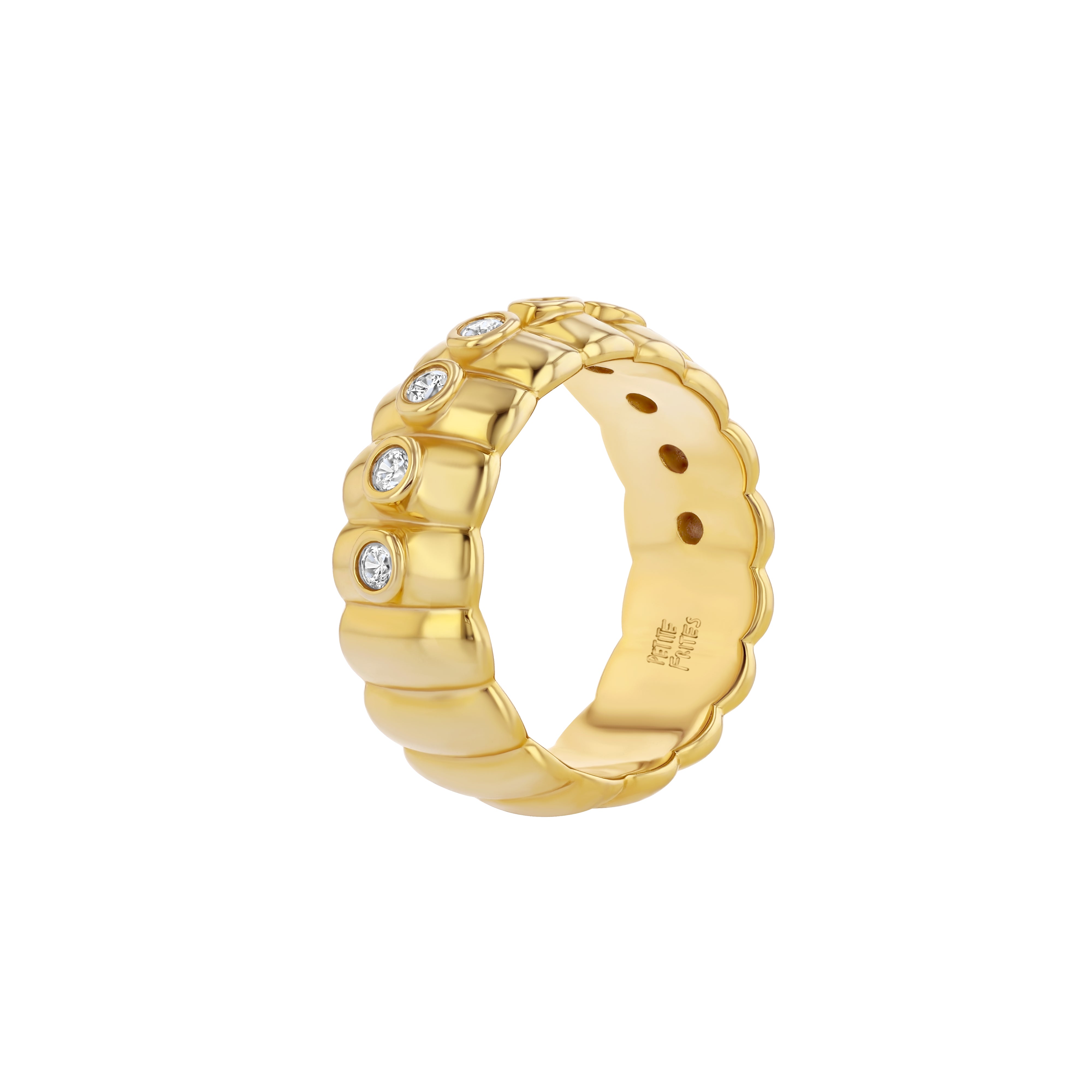 Petite Frites cigar band ring in 18K Yellow Gold with Lab Grown Diamonds. A side view