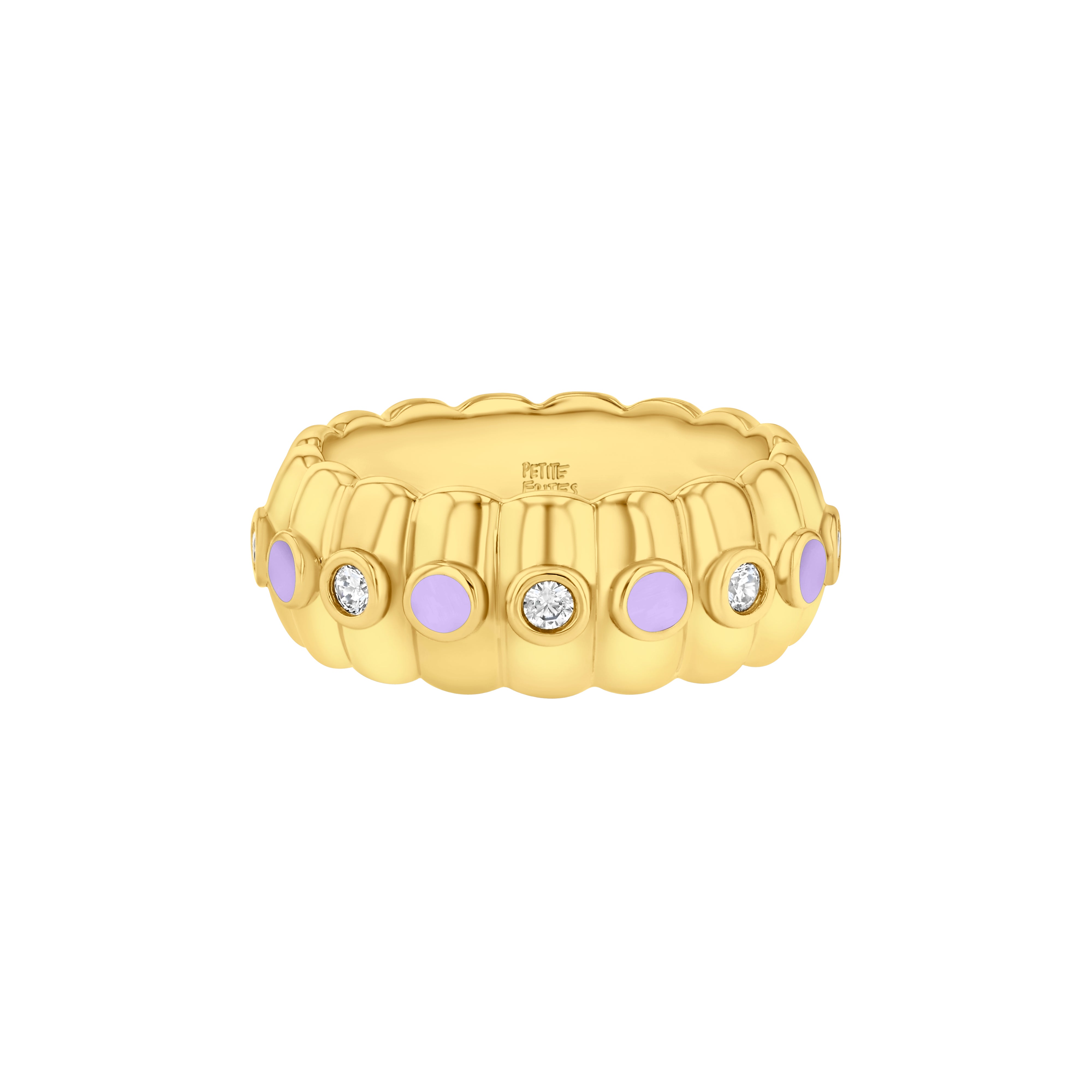 Petite Frites Cigar Band ring in yellow gold with lavender enamel and diamond accents