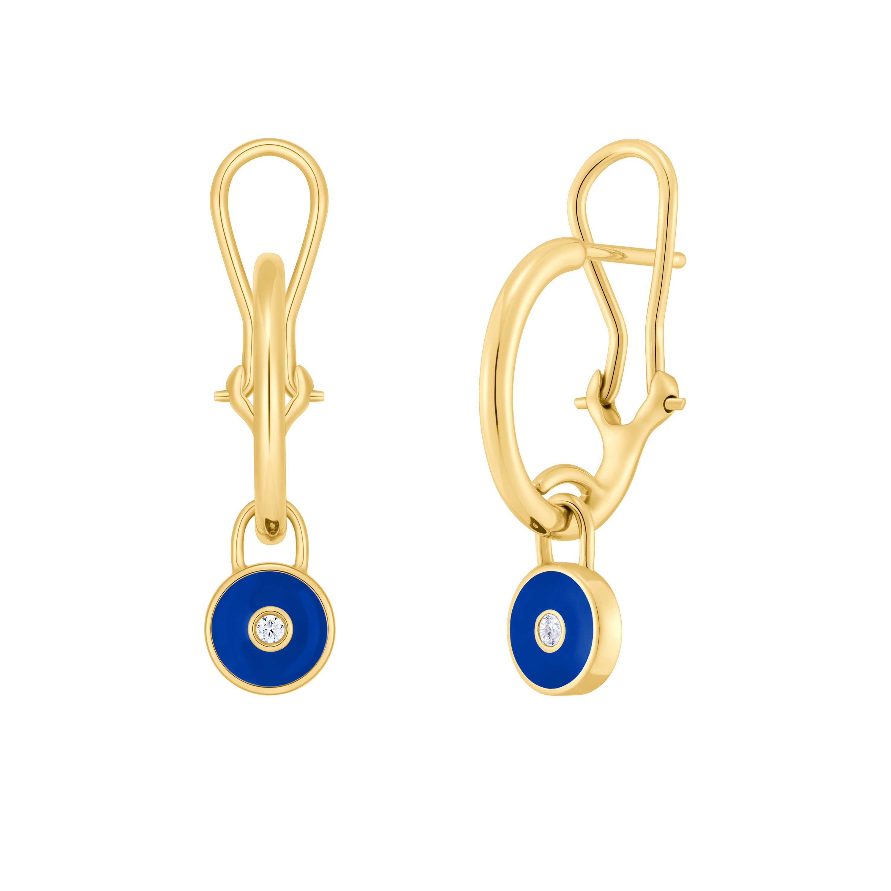 Gold earrings with blue circular stones on a white background