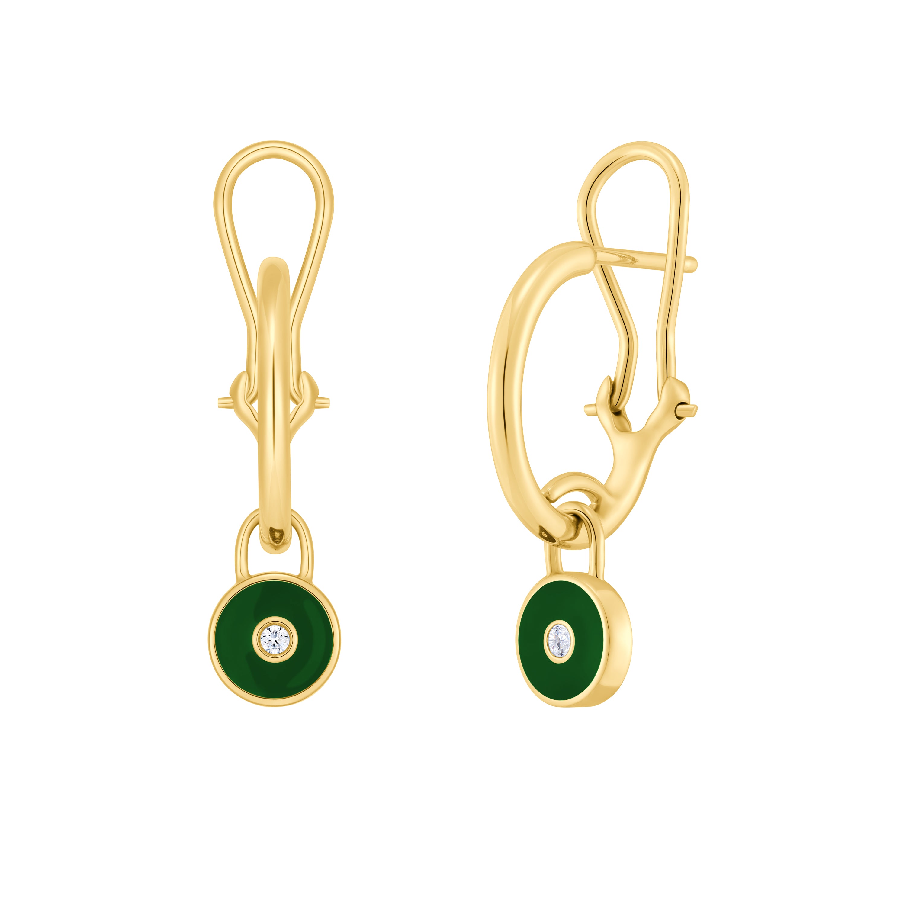 Gold earrings with green circular stones on a white background