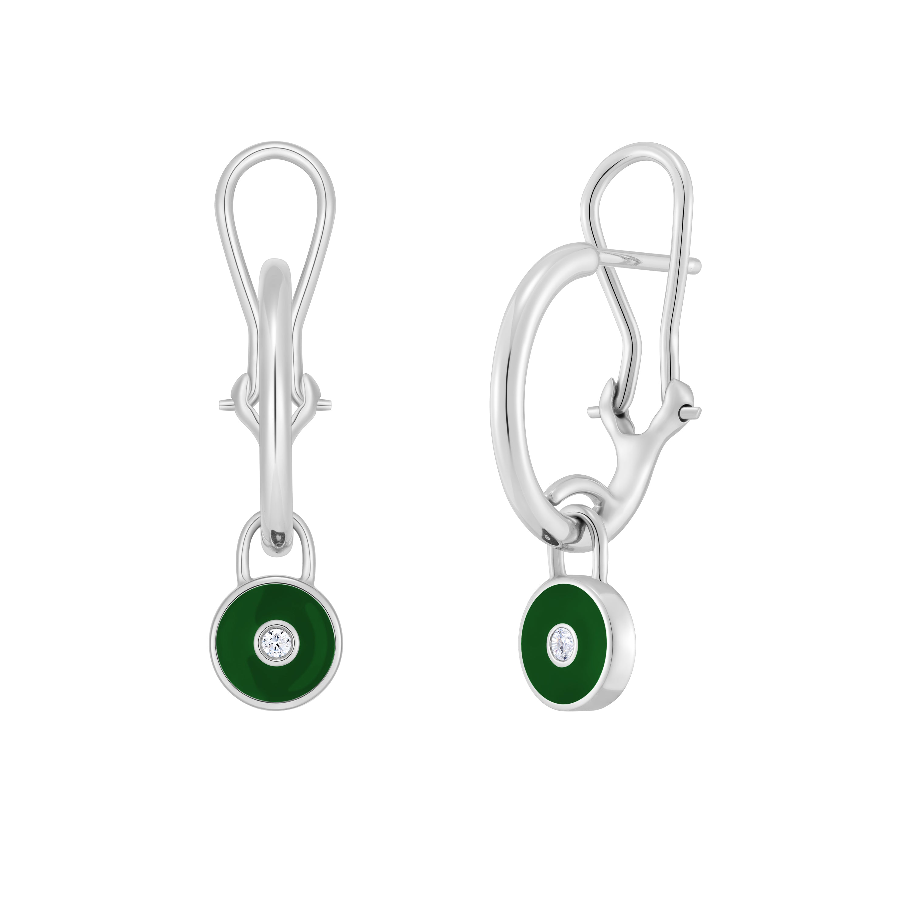 White Gold earrings with green gemstones on a white background