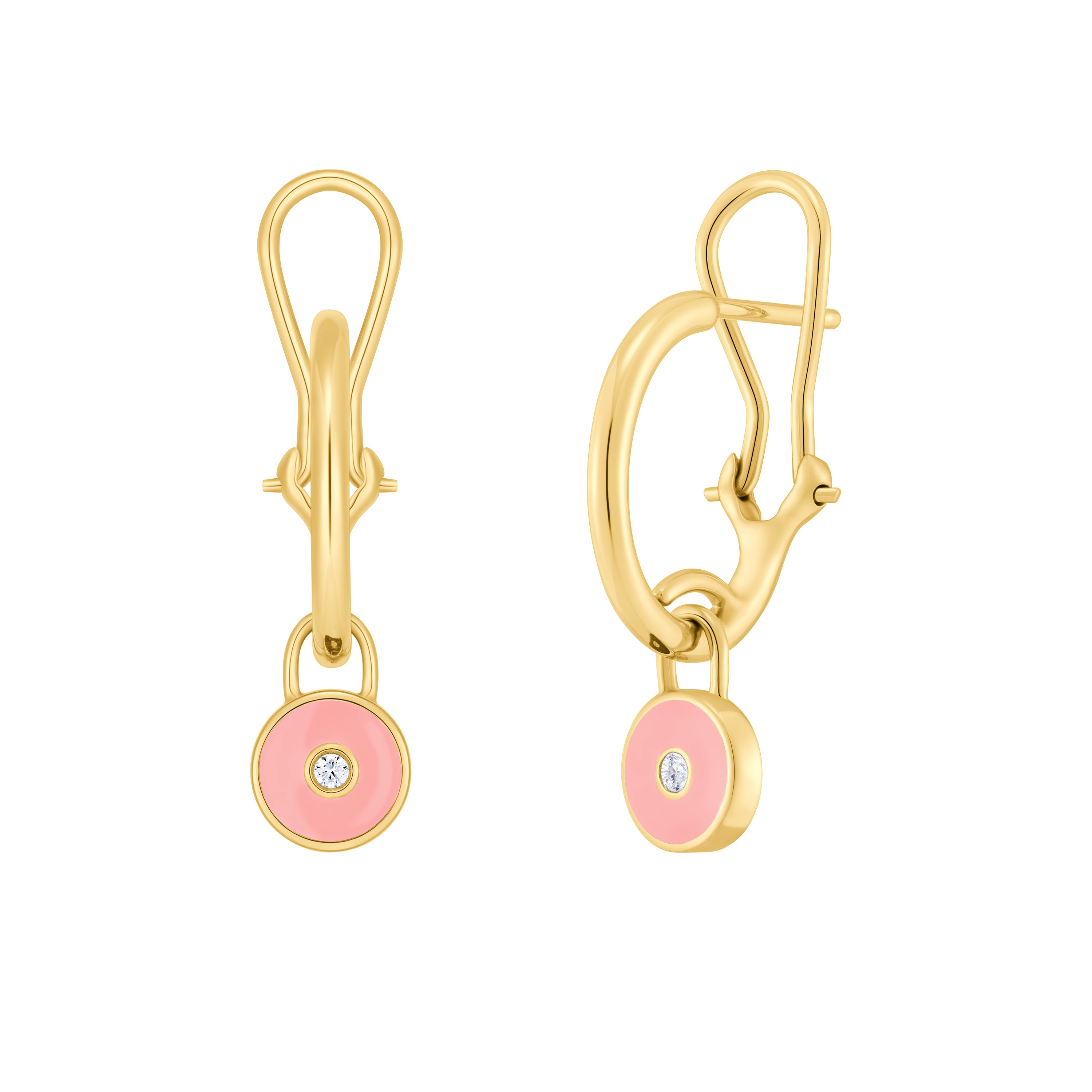 Gold earrings with pink round stones on a white background