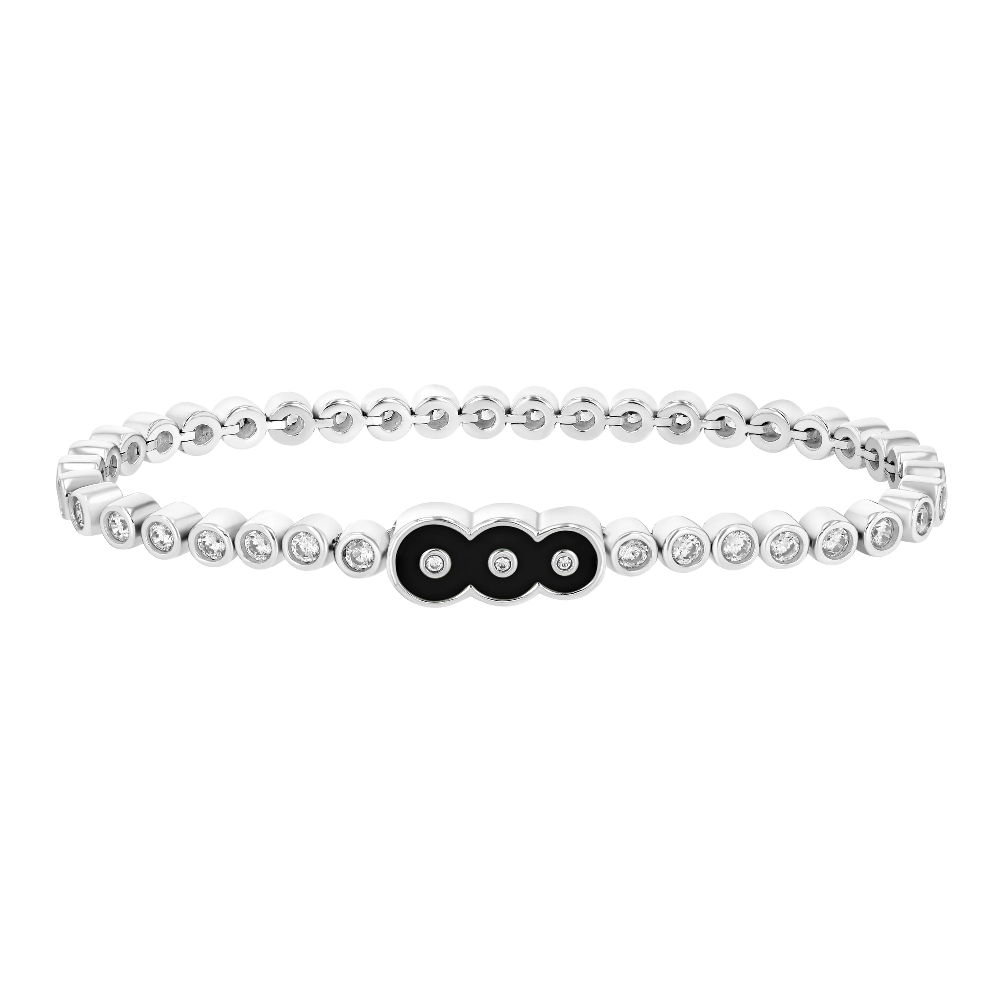 Petite Frites Boisson Tennis Bracelet in 18K white gold and diamonds with the Martini Clasp in black enamel on a white background