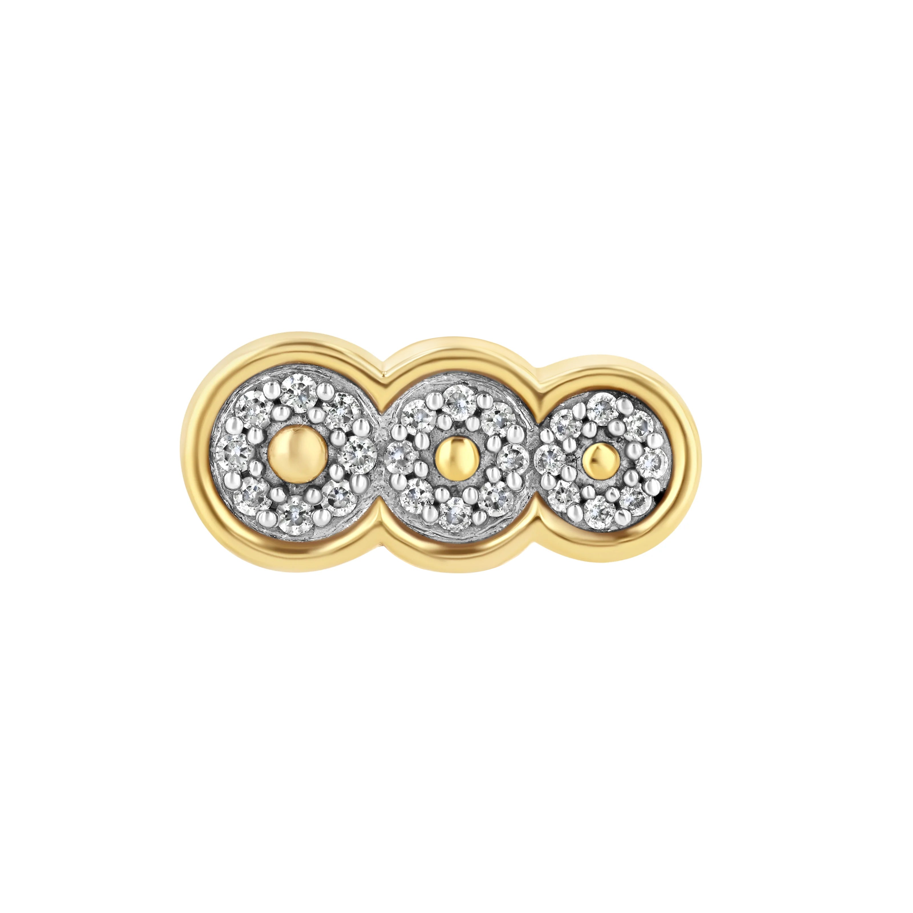 A yellow gold clasp with diamond accents designed to resemble a caviar clasp, with three circular elements each encasing smaller circles of pearls against a white background.