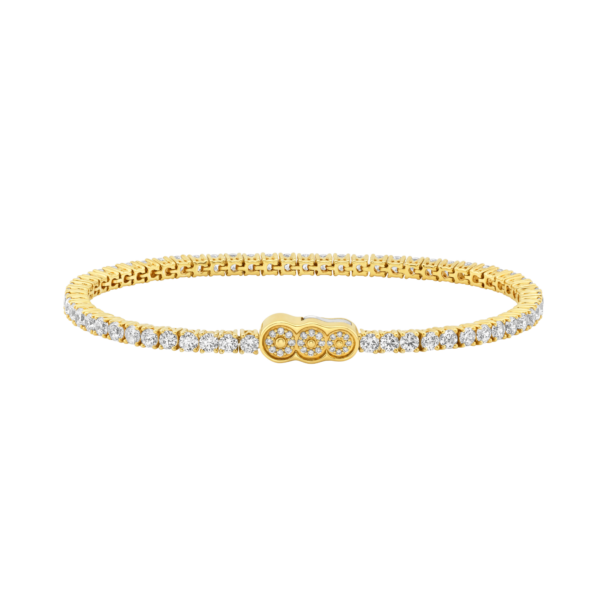 The Petite Frites perfect pairing showing the 18K yellow gold round prong set tennis bracelet with the diamond clasp.